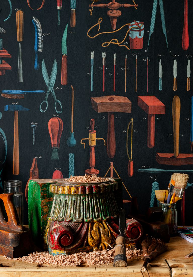 MIND THE GAP wallpaper OLD TOOLS Anthracite WP20598