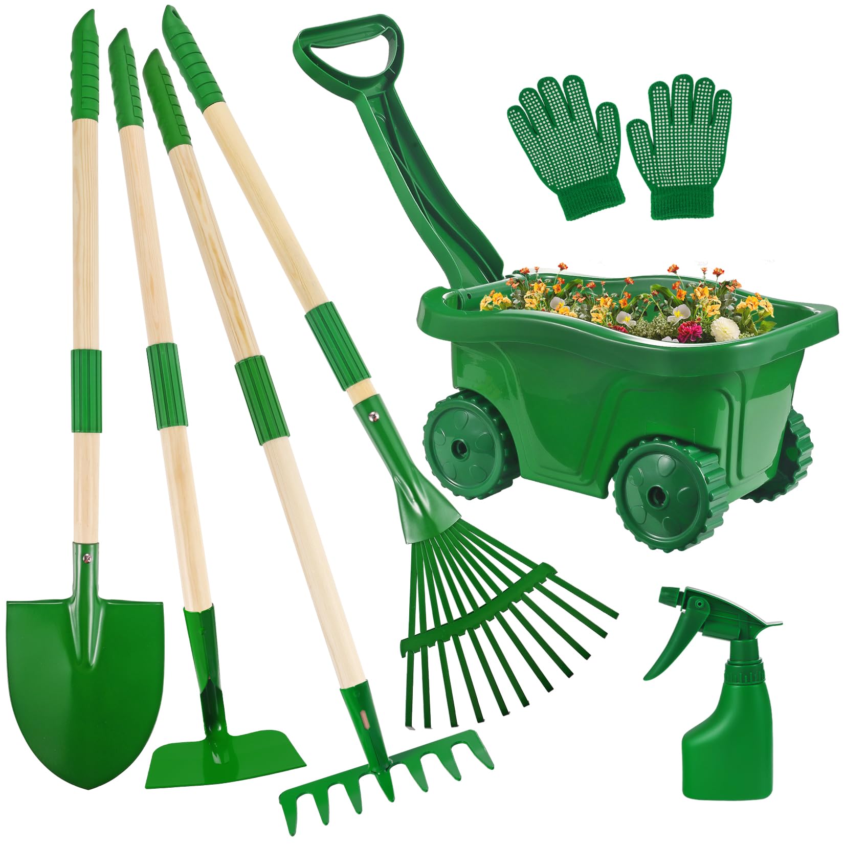 Duckura Kids Gardening Tools Set Wheelbarrow Set for Kids with Shovel, Rake, Leaf Rake, Summer Outdoor Yard Digging Weed Toys, Halloween Birthday Gifts for Boys Girls Age 2 3+