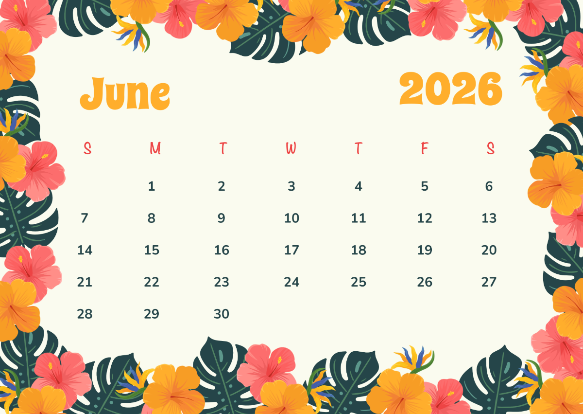 Free Tropical Background June 2026 Calendar to Edit Online