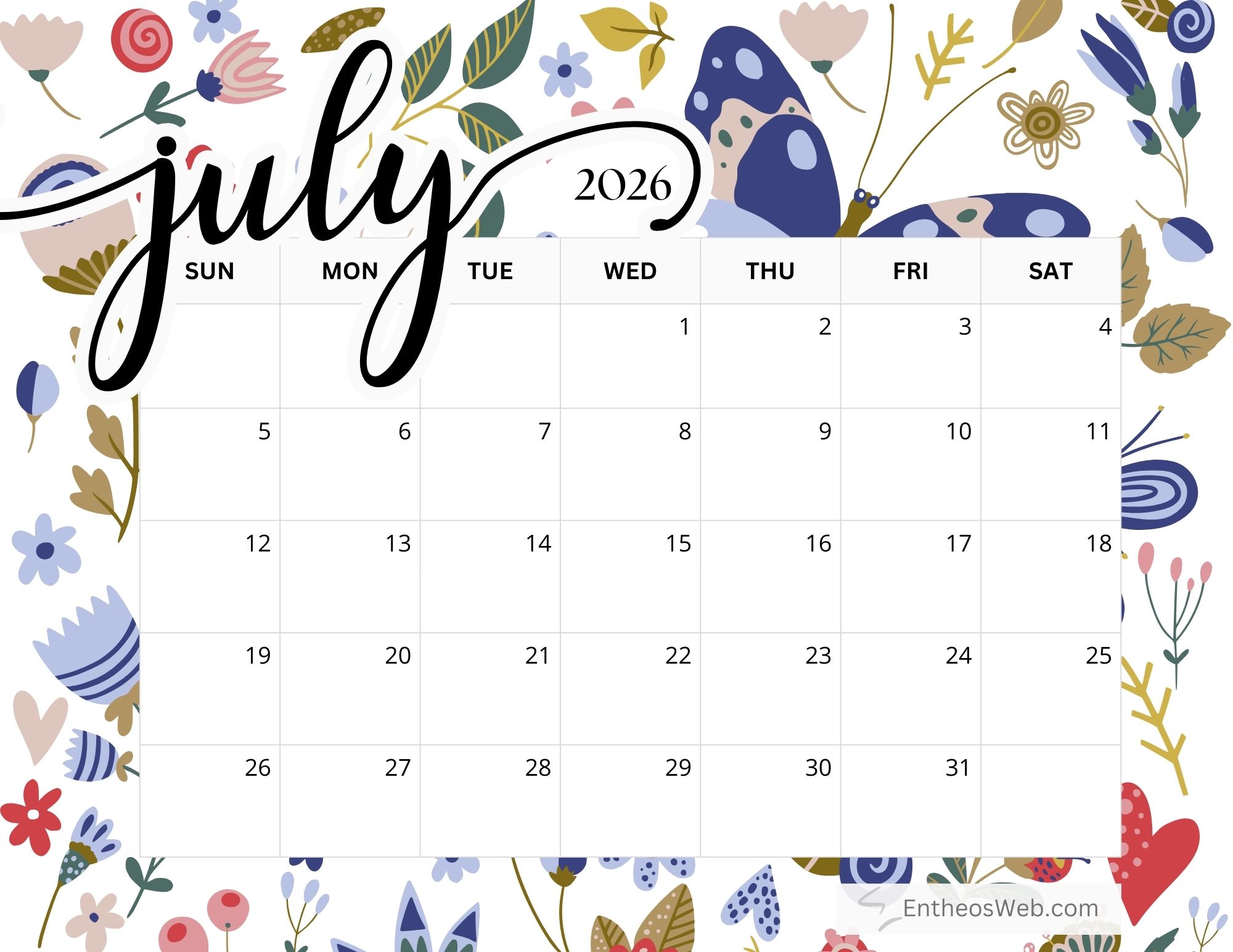 Free Printable July 2026 Calendars