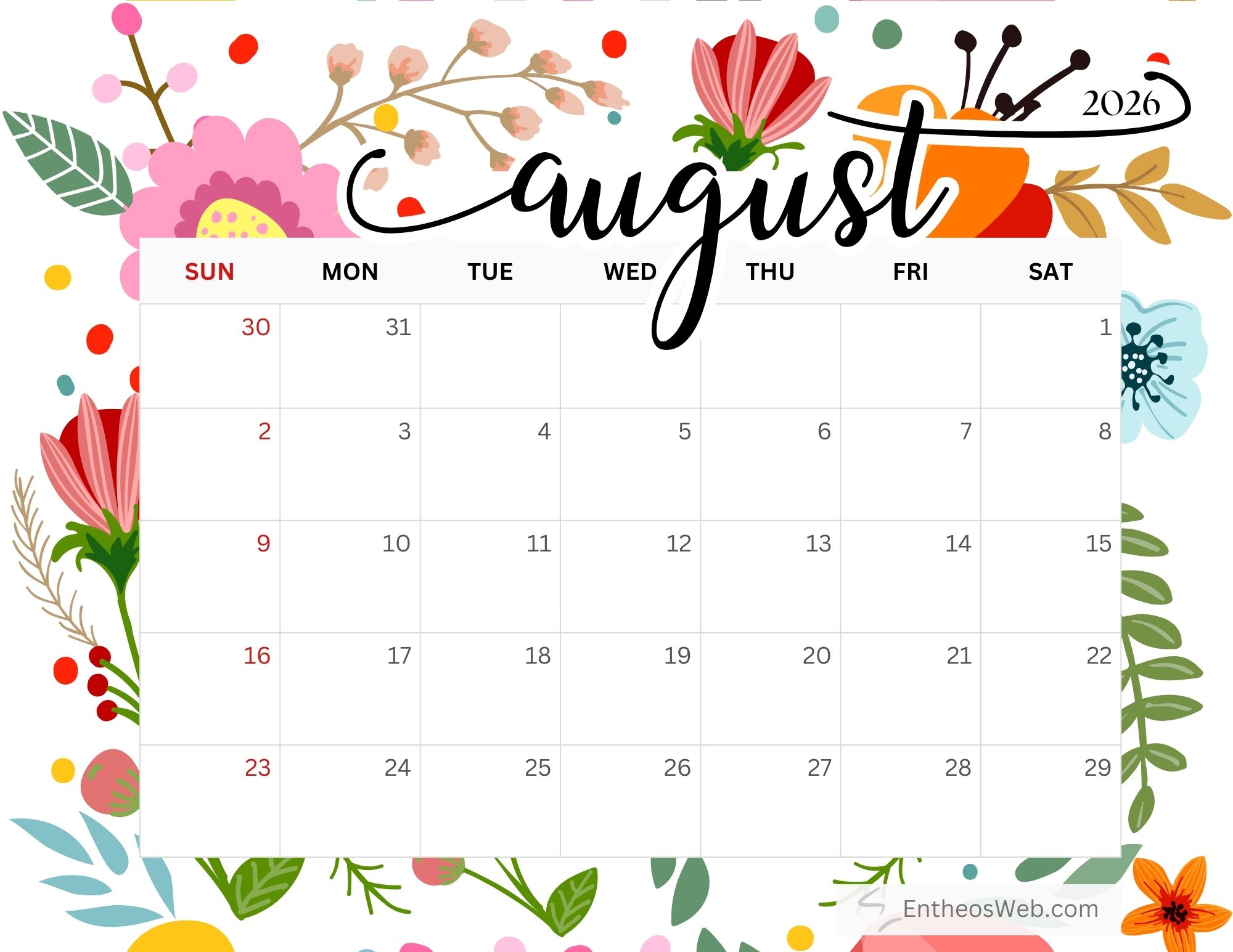 Free Printable August 2026 Calendars