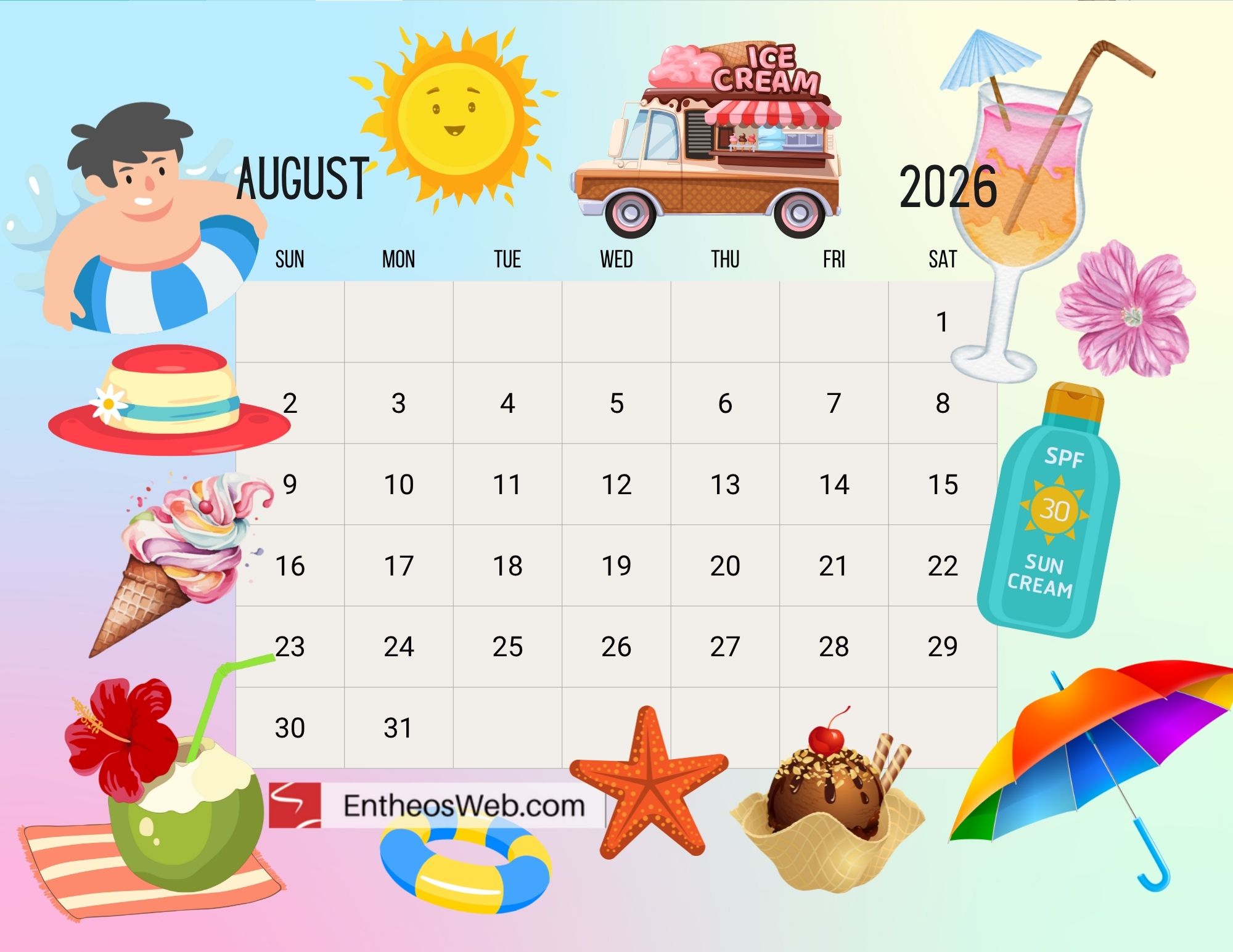 Free Printable August 2026 Calendars