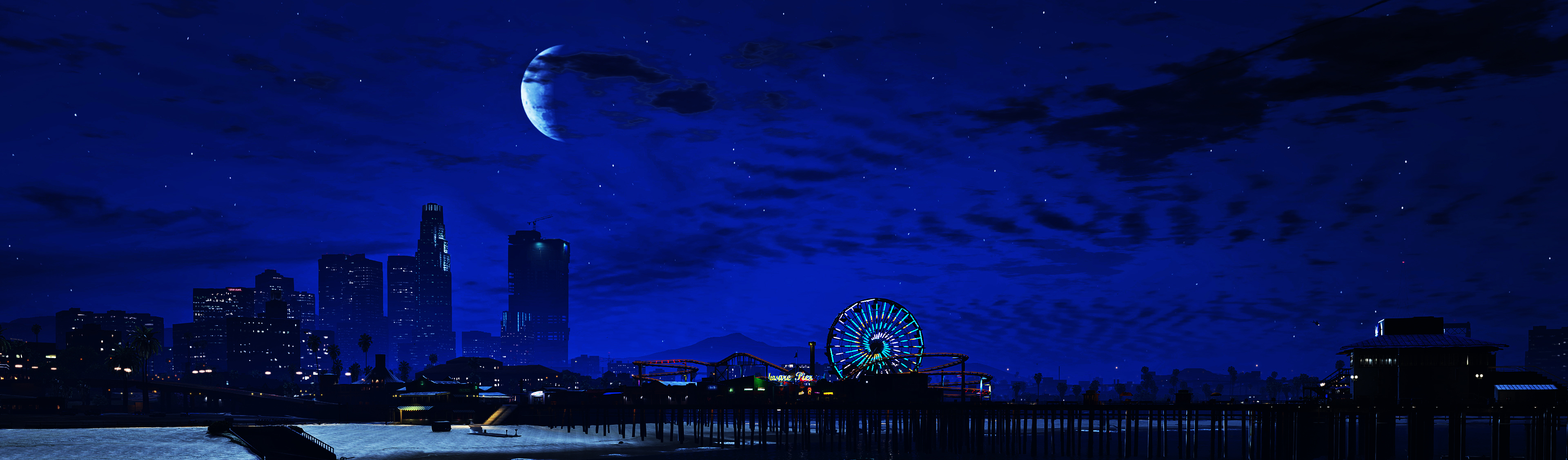 Wallpaper landscape, night, city, the city, the moon, Night, GTA V, grand theft auto v for mobile and desktop, section игры, resolution 3840x1128