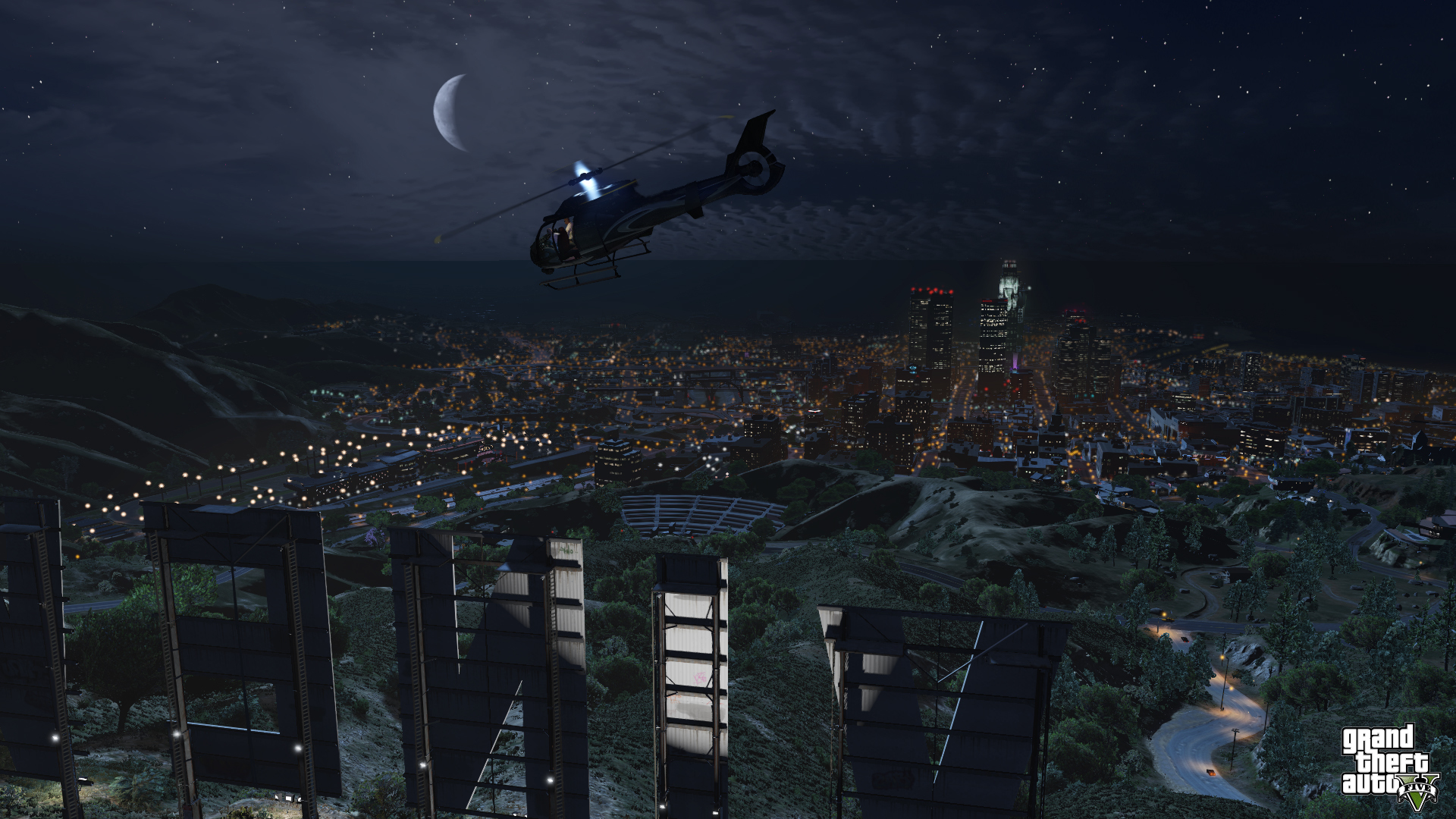 Wallpaper landscape, night, Grand Theft Auto V, Los Santos, gta 5, vinewood for mobile and desktop, section игры, resolution 1920x1080