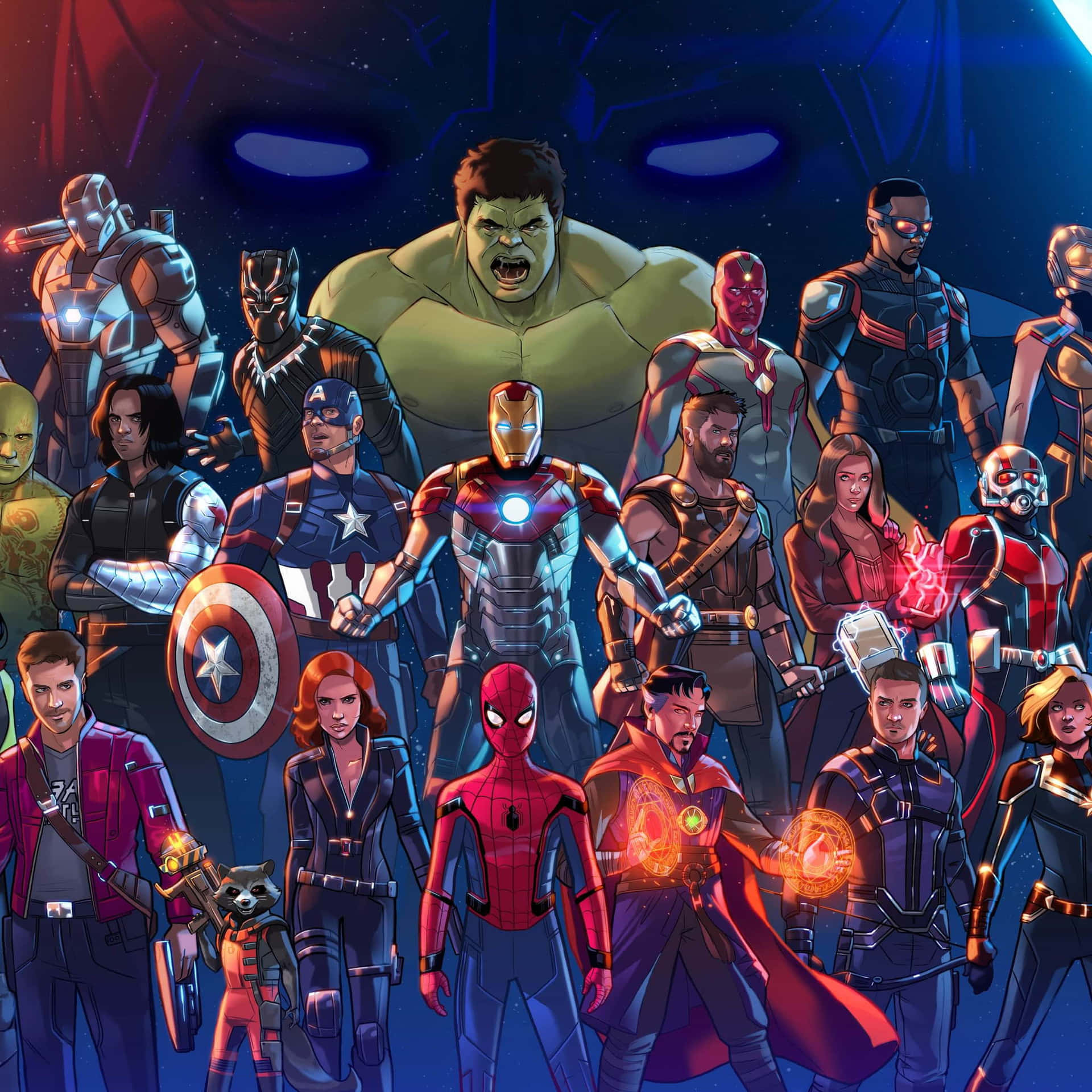 Download Avengers Characters Standing In Front Of A Blue Background Wallpaper
