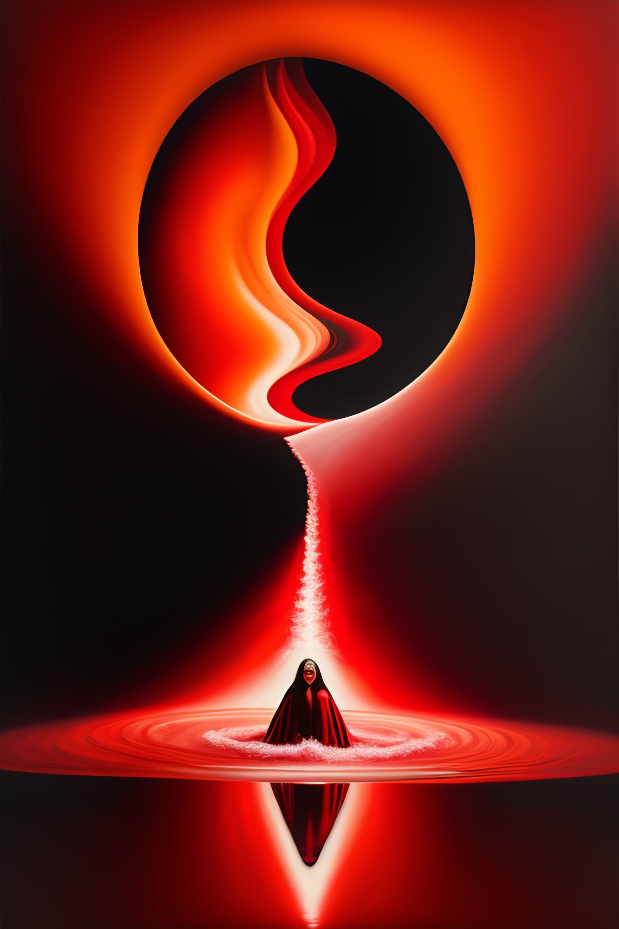 Oil painting on canvas, woman falling into red vortex, red and black object in the middle of a body of water, a detailed matte painting