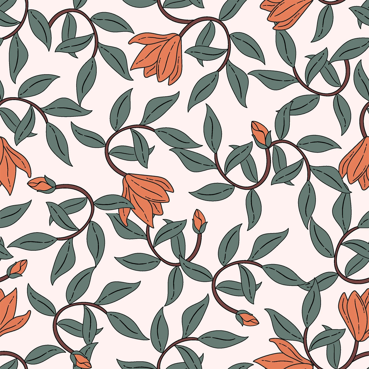 Art Nouveau Floral Wallpaper. Retro Botanical Design with Orange Blooms