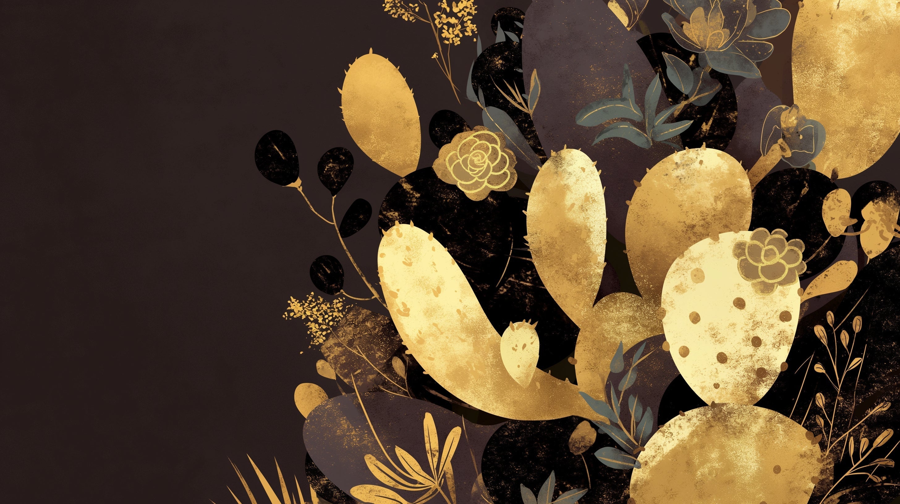 Cactus Mural Wallpaper. Black and Gold Botanical Art