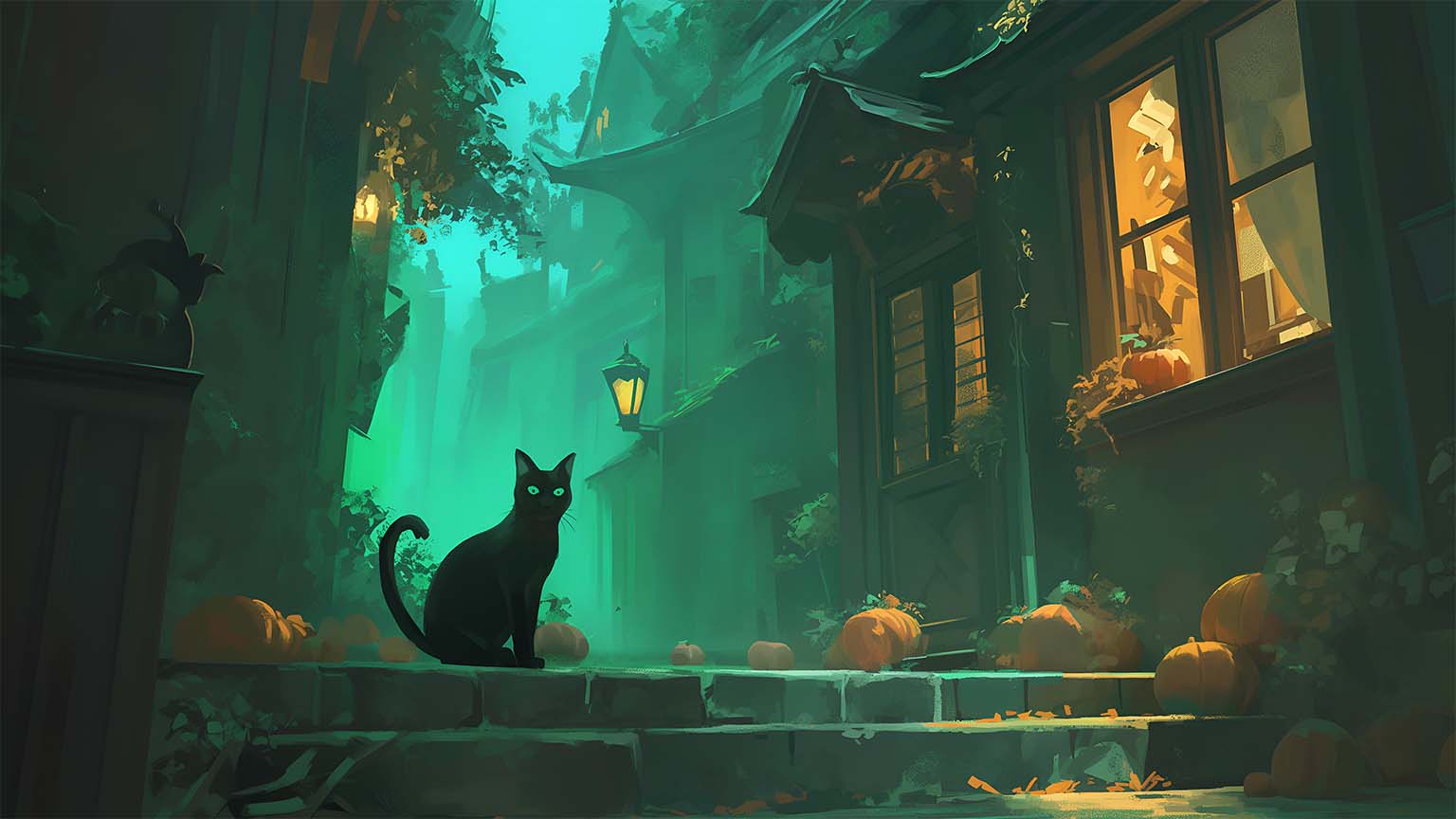 Halloween Alleyway with Black Cat Mystic Fog Desktop Wallpaper
