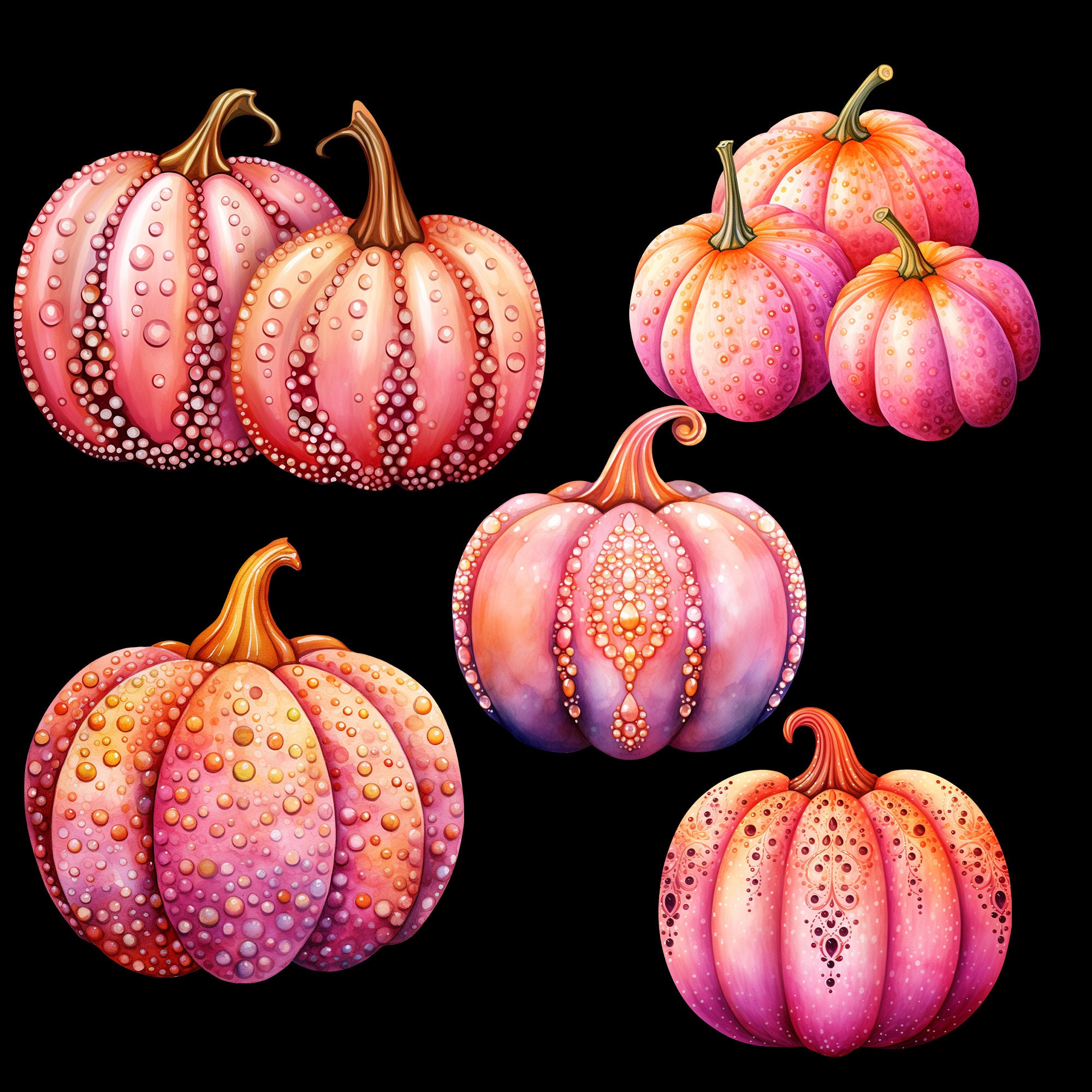 Pink Pumpkins Watercolor PNG Clipart Set of 5