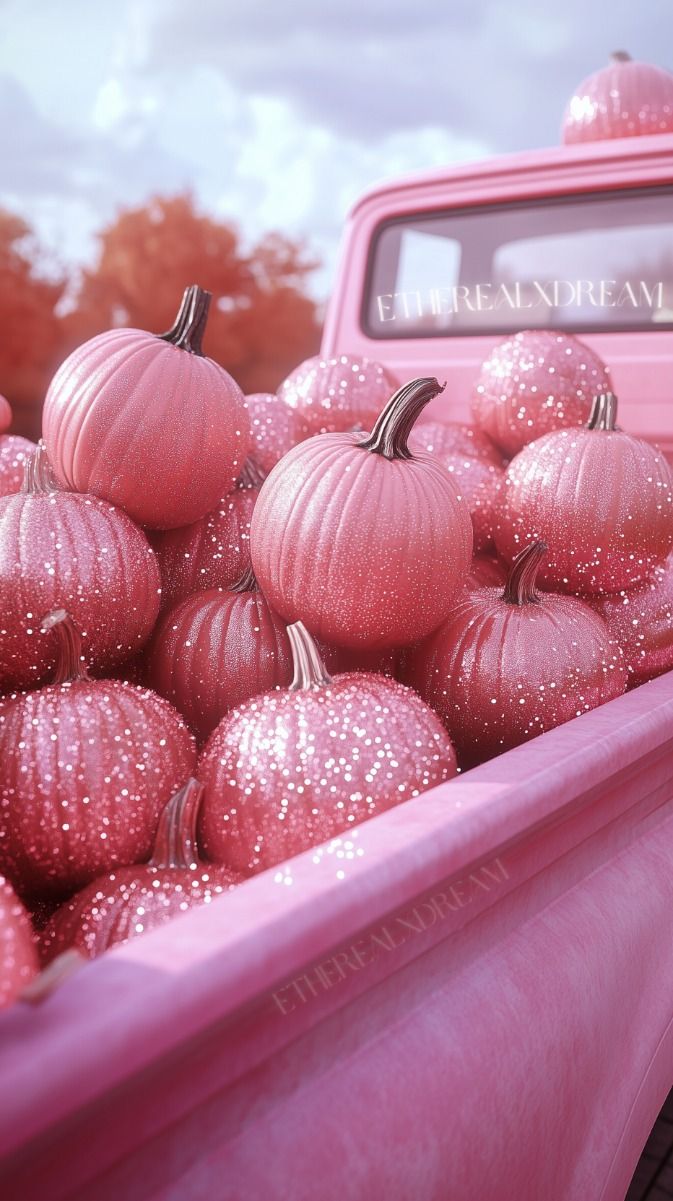 Pink glitter embellished pumpkins in pickup truck, pastel aesthetic, fall photography lock screen