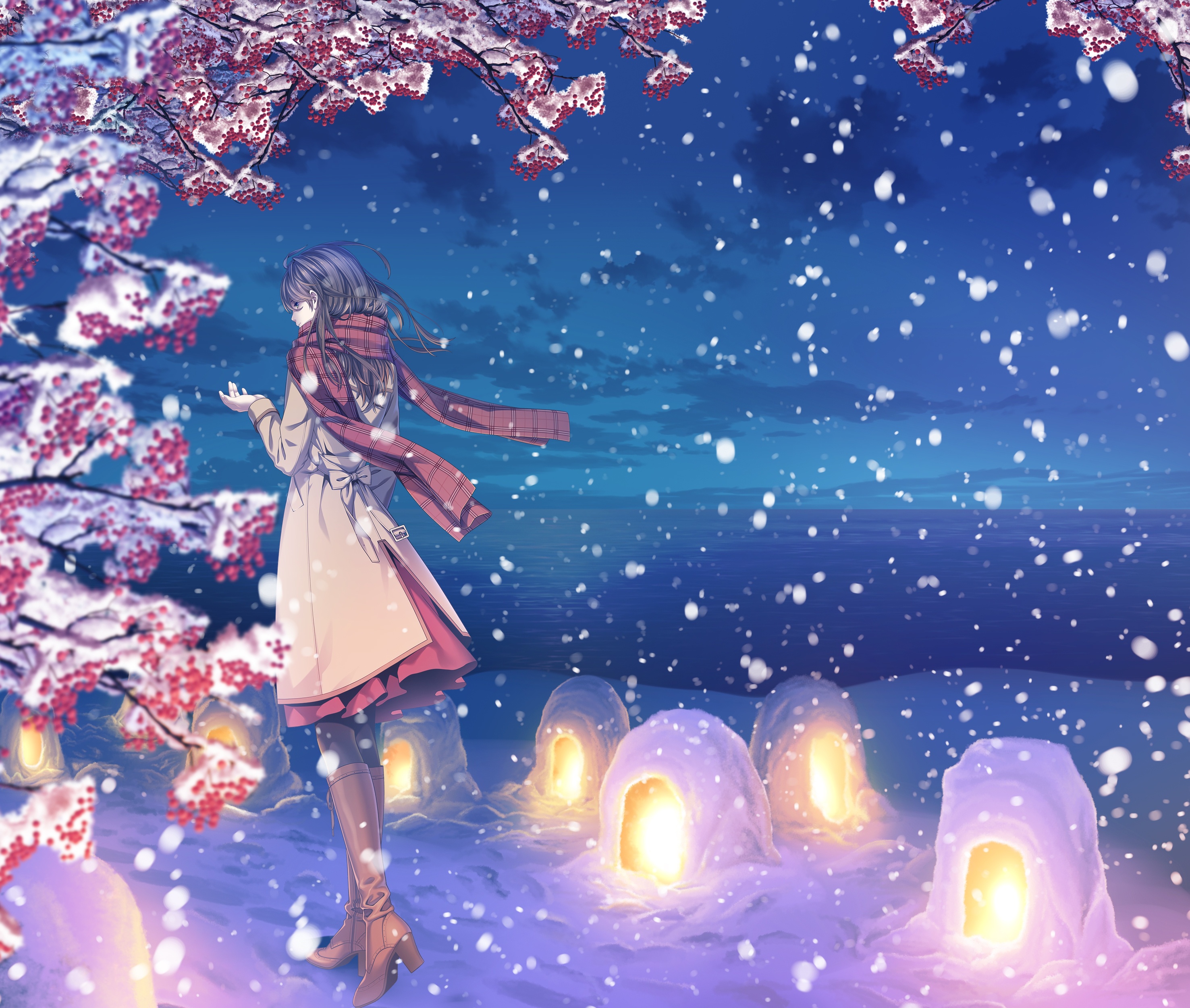 Wallpaper winter, the sky, girl, clouds, snow, nature, anime, scarf for mobile and desktop, section сёдзё, resolution 2953x2500