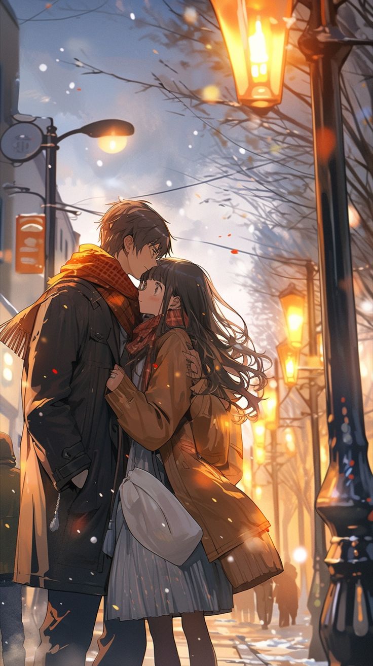 Anime Couple Winter Romance Animated Love Seasonal Wallpaper, Cute Anime Pair, Romantic Winter Scene