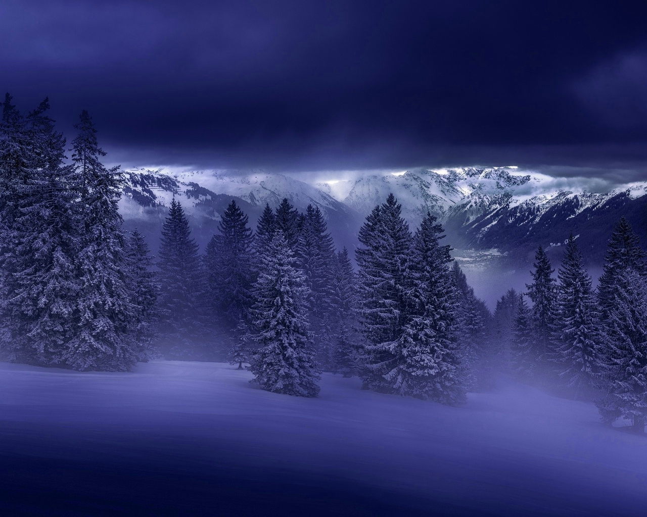 Download Winter forest, Night, Forest, Mountains, Snow, Fog, Winter Wallpaper in 1280x1024 Resolution