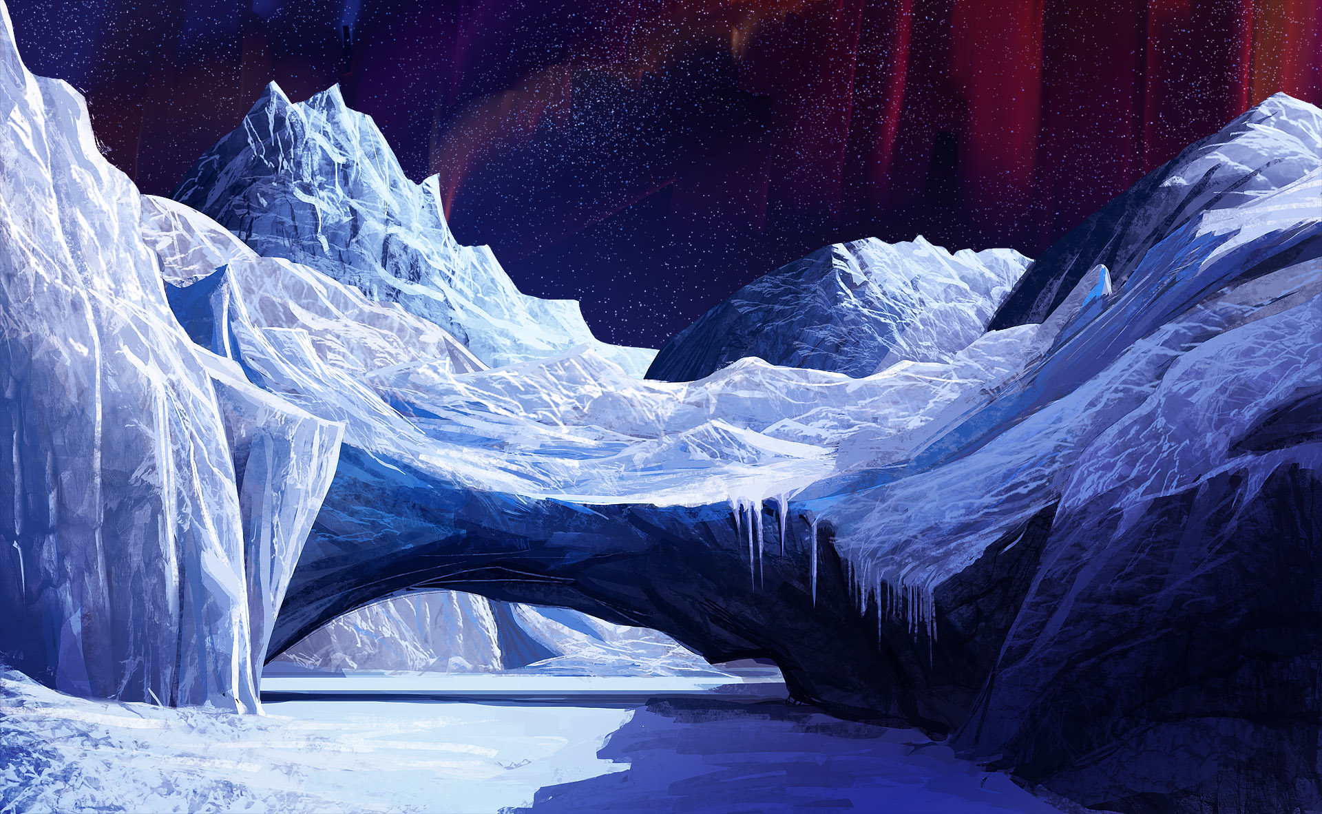 Aurora Icebrush: Dark Winter Waterscape HD Wallpaper