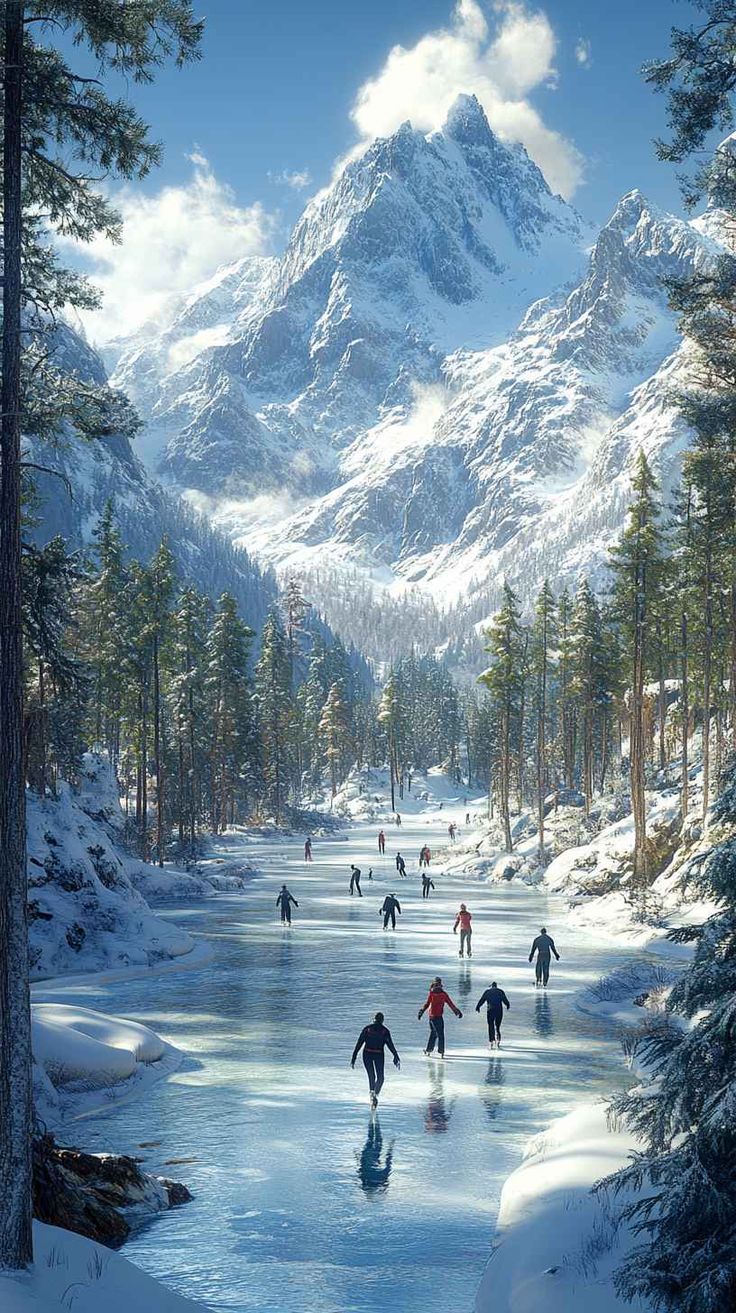 8K Winter Wonderland Ice Skating Mobile Wallpaper: Stunning Snowy Mountain iPhone Background