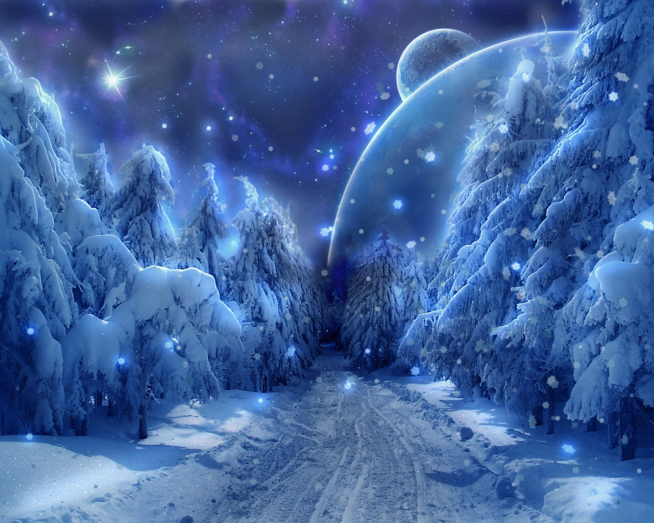 Download Winter, Snow, Fantasy, Art, Alien, Landscapes, Road Wallpaper in 1280x1024 Resolution