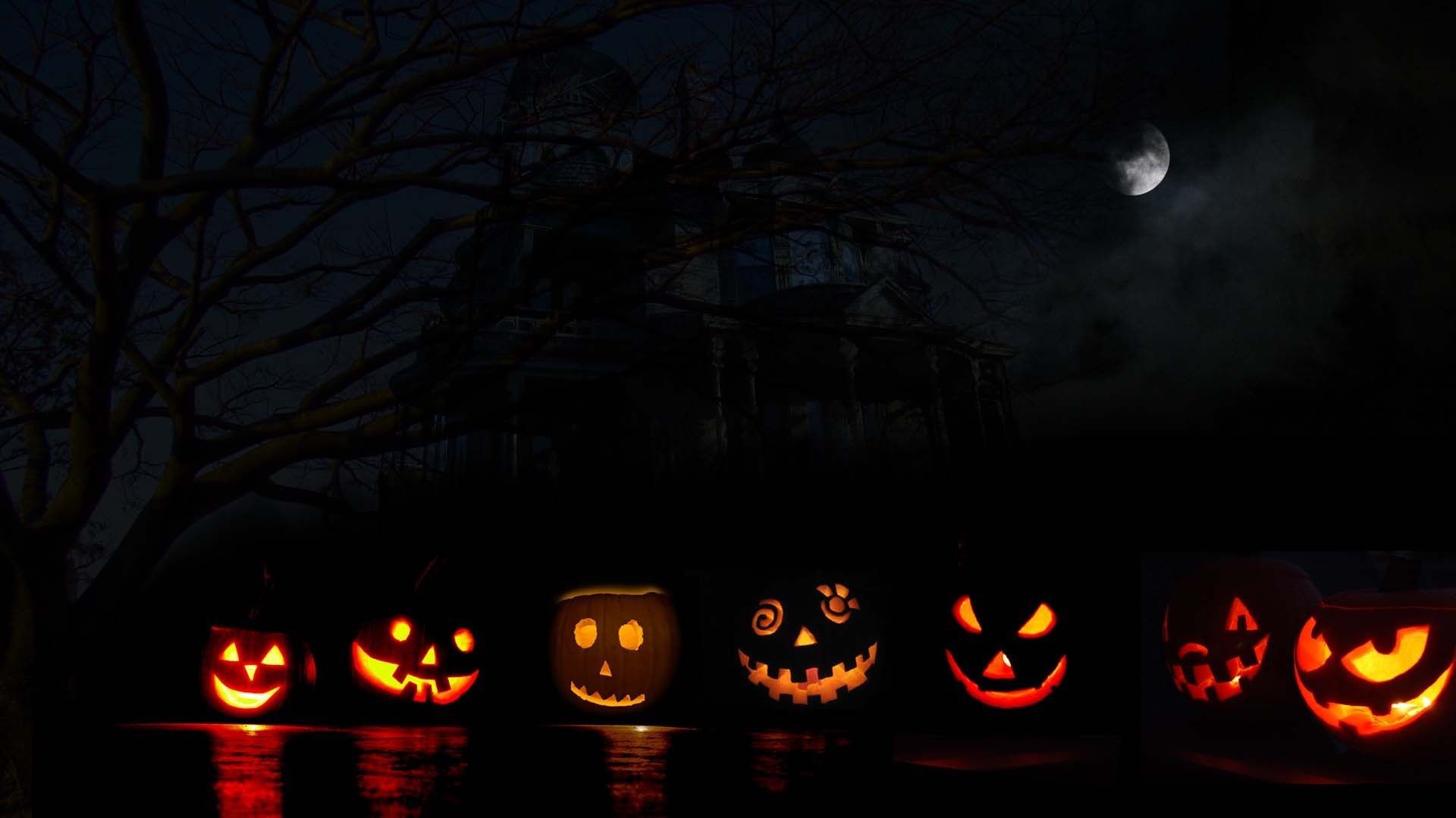 Pumpkins Face Lights Dark Background HD Cute Halloween Wallpaper