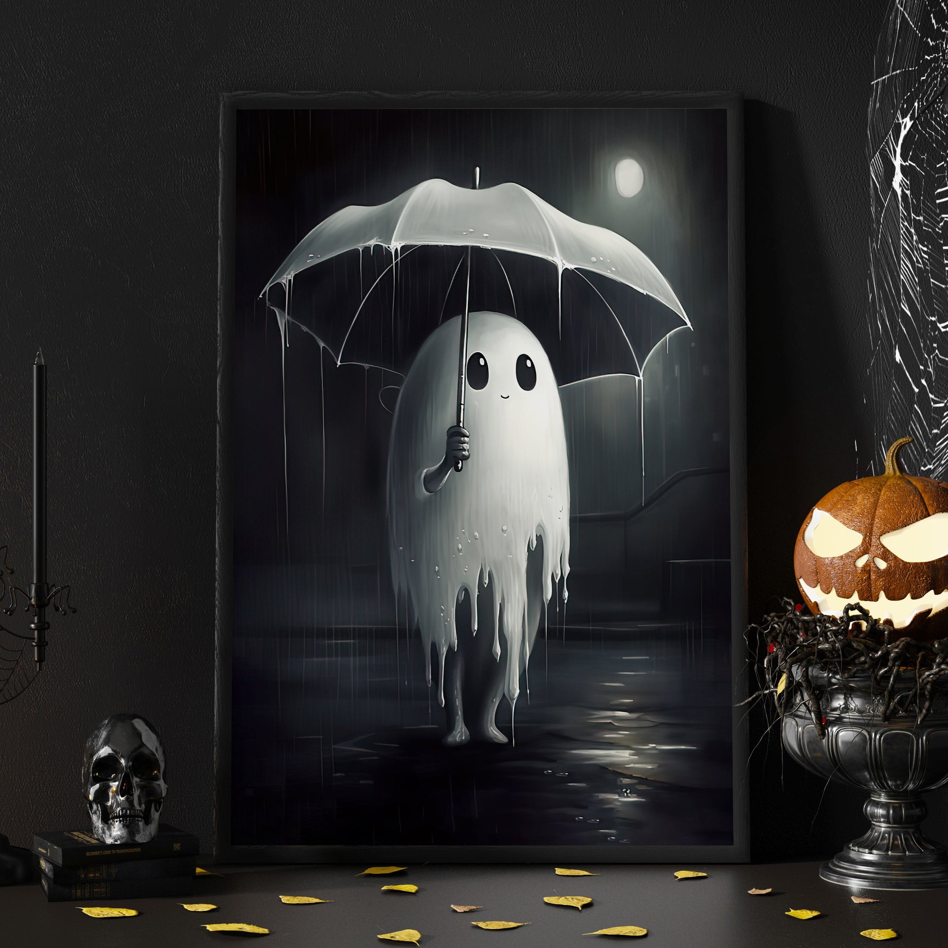 Cute Ghost Kid In Rain Dark Halloween Canvas Painting, Wall Art Decor Ghost Poster Halloween Gift