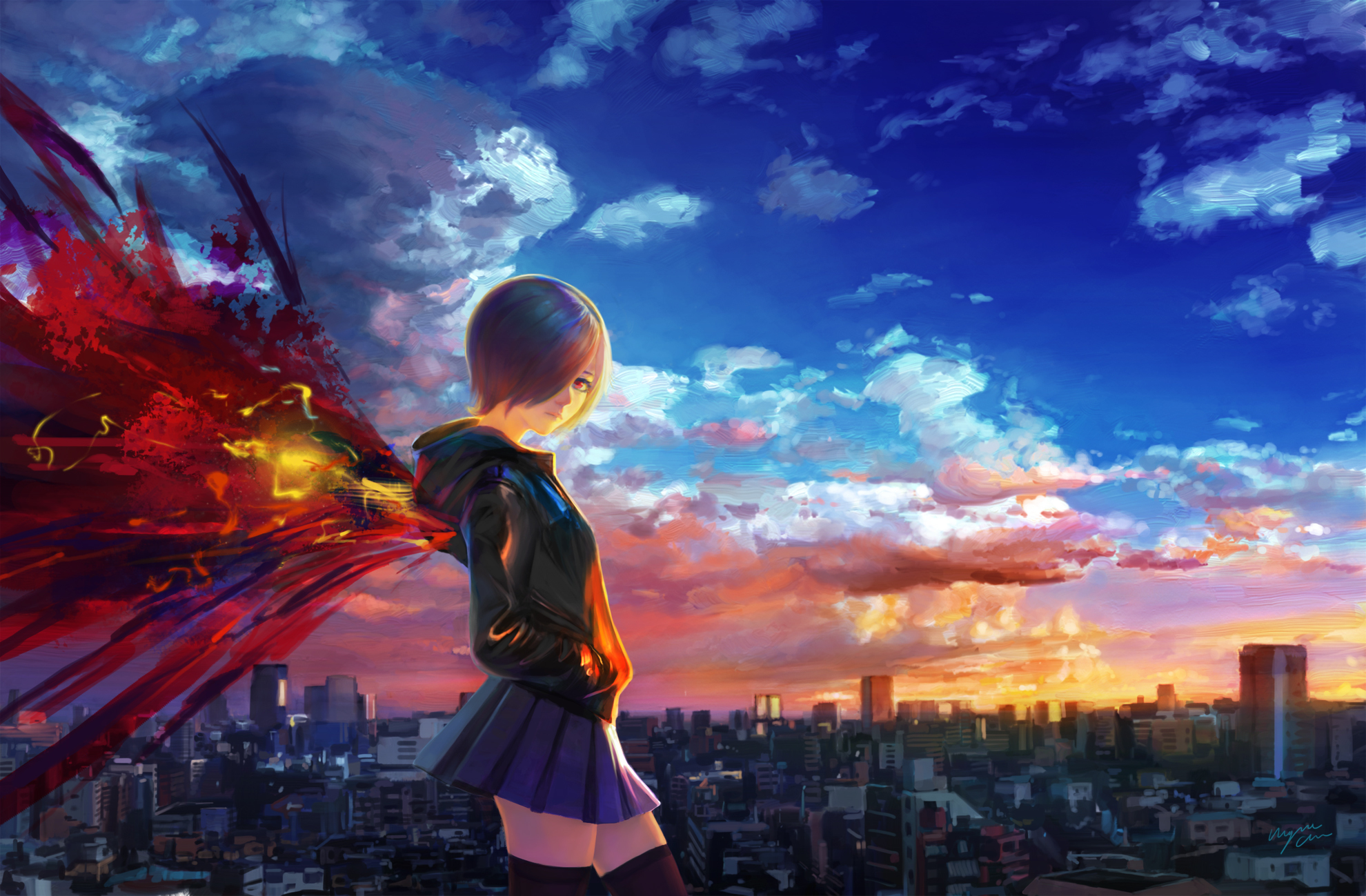 Wallpaper the sky, girl, clouds, sunset, the city, home, wings, anime for mobile and desktop, section сэйнэн, resolution 1980x1299