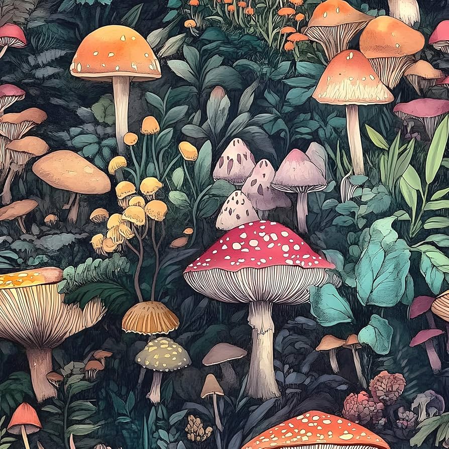 VOLEAAR Mushroom Peel and Stick Wallpaper, Colorful Floral Contact Paper, Vintage Floral Woodland Wallpaper Stick on Bathroom Cabinet Drawer, Removable Vinyl Wallpaper Green Orange Red 17.5x 118