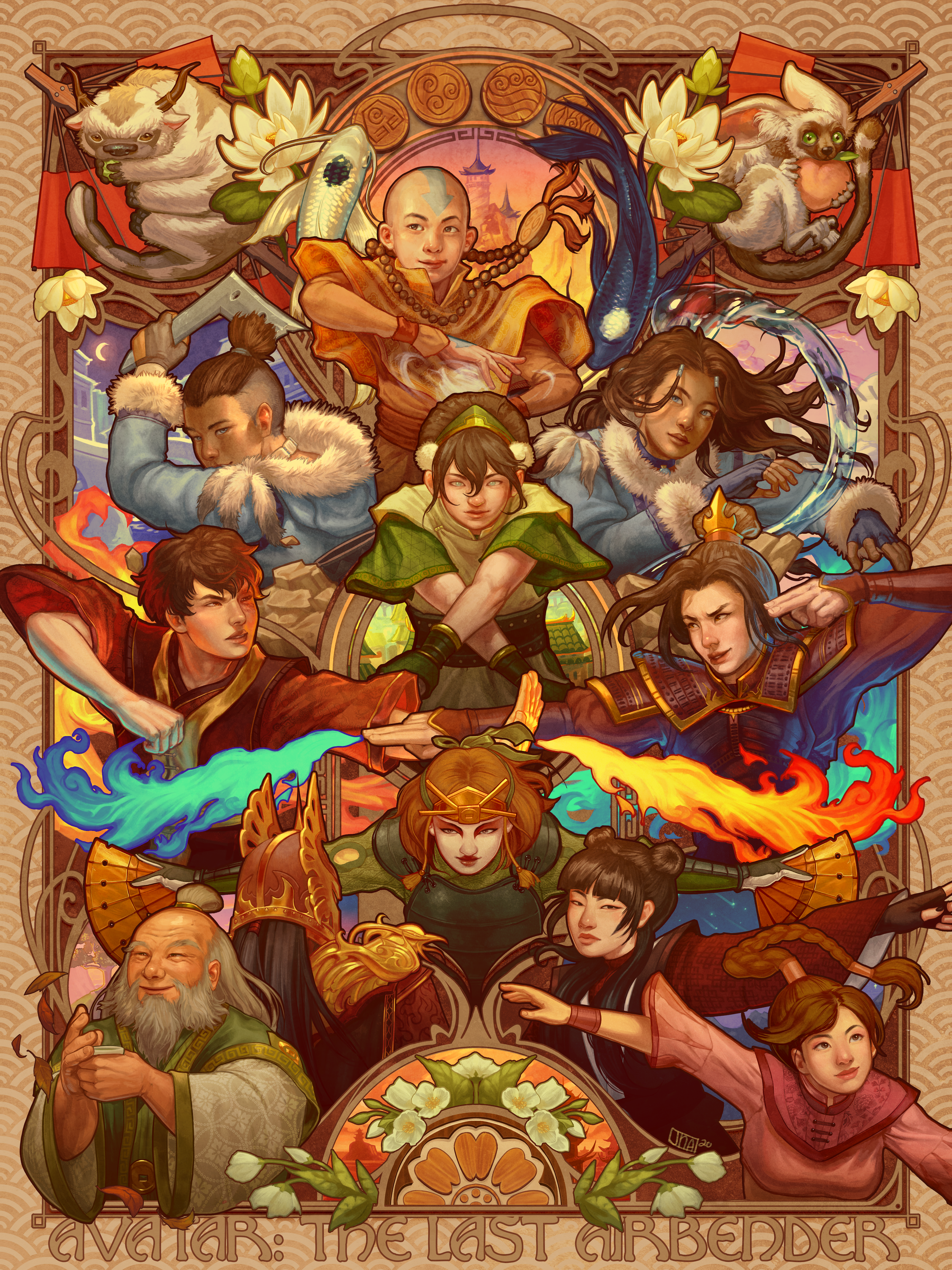 I've been working on this since July and finally finished it! A:TLA, art nouveau style! I hope you guys like it, this is one of my favorite shows ever! (IG