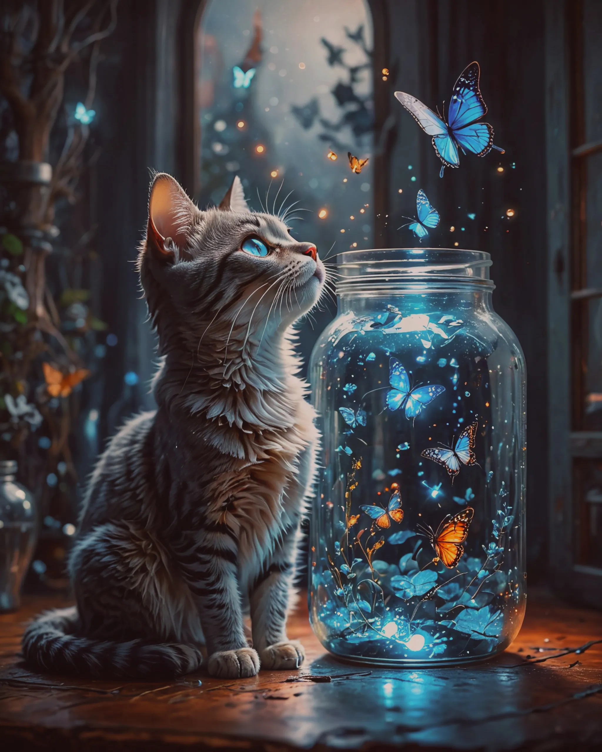a cat looking at a butterfly a AI Photo Generator