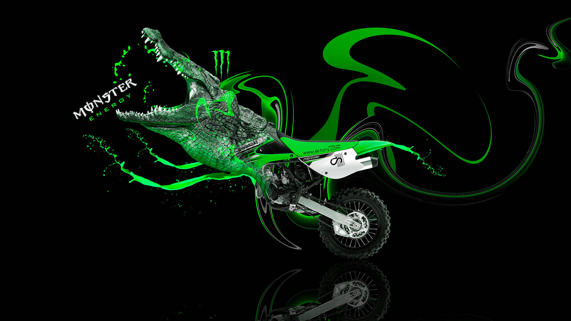 Download A Green Kawasaki Motocross Bike On A Black Background Wallpaper