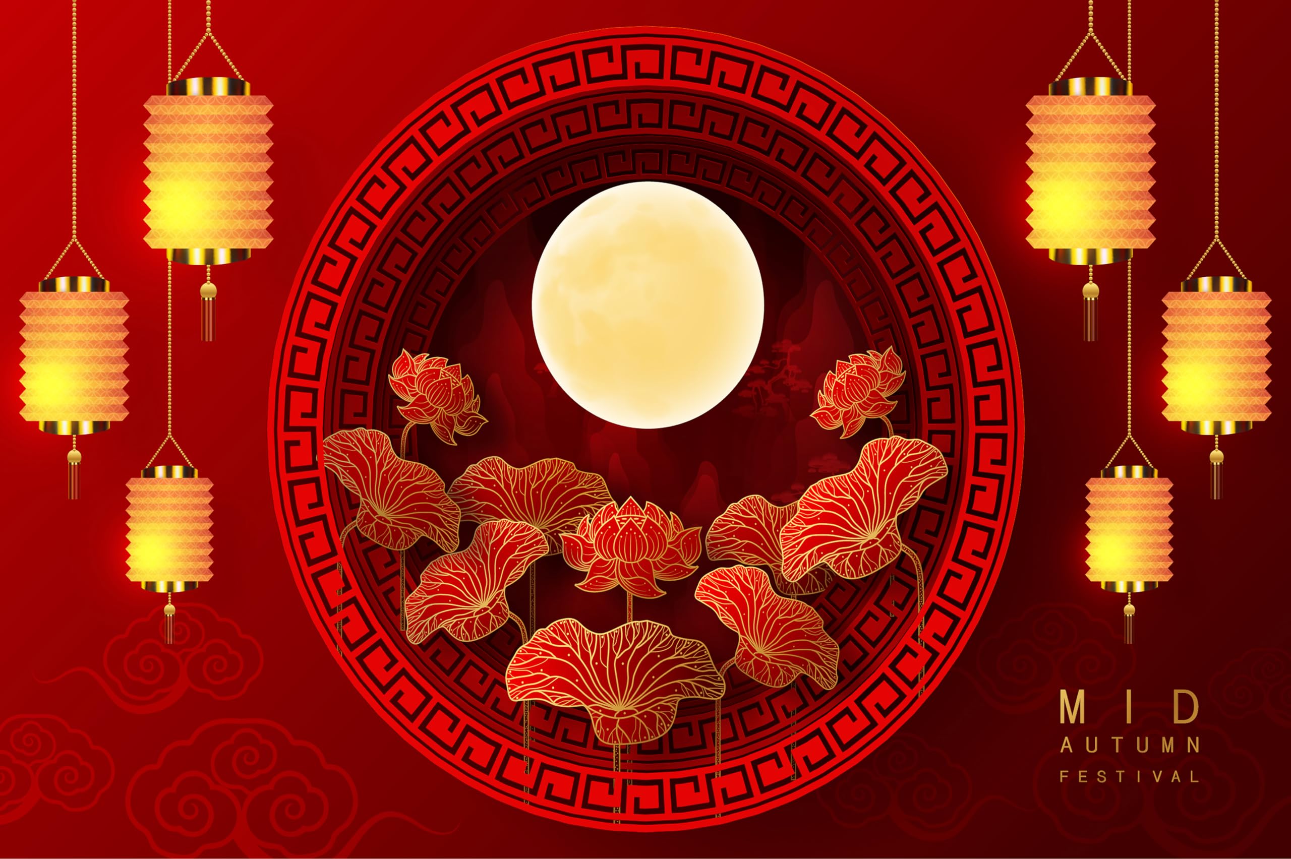 Amazon.com, CHNYWORK 10x6.5ft Happy Mid- Autumn Festival Backdrop China Traditional Festival Full Moon Lanterns Lotus Flower Red Background Asia China Party Decor Portrait Photo Studio Booth Props Wallpaper