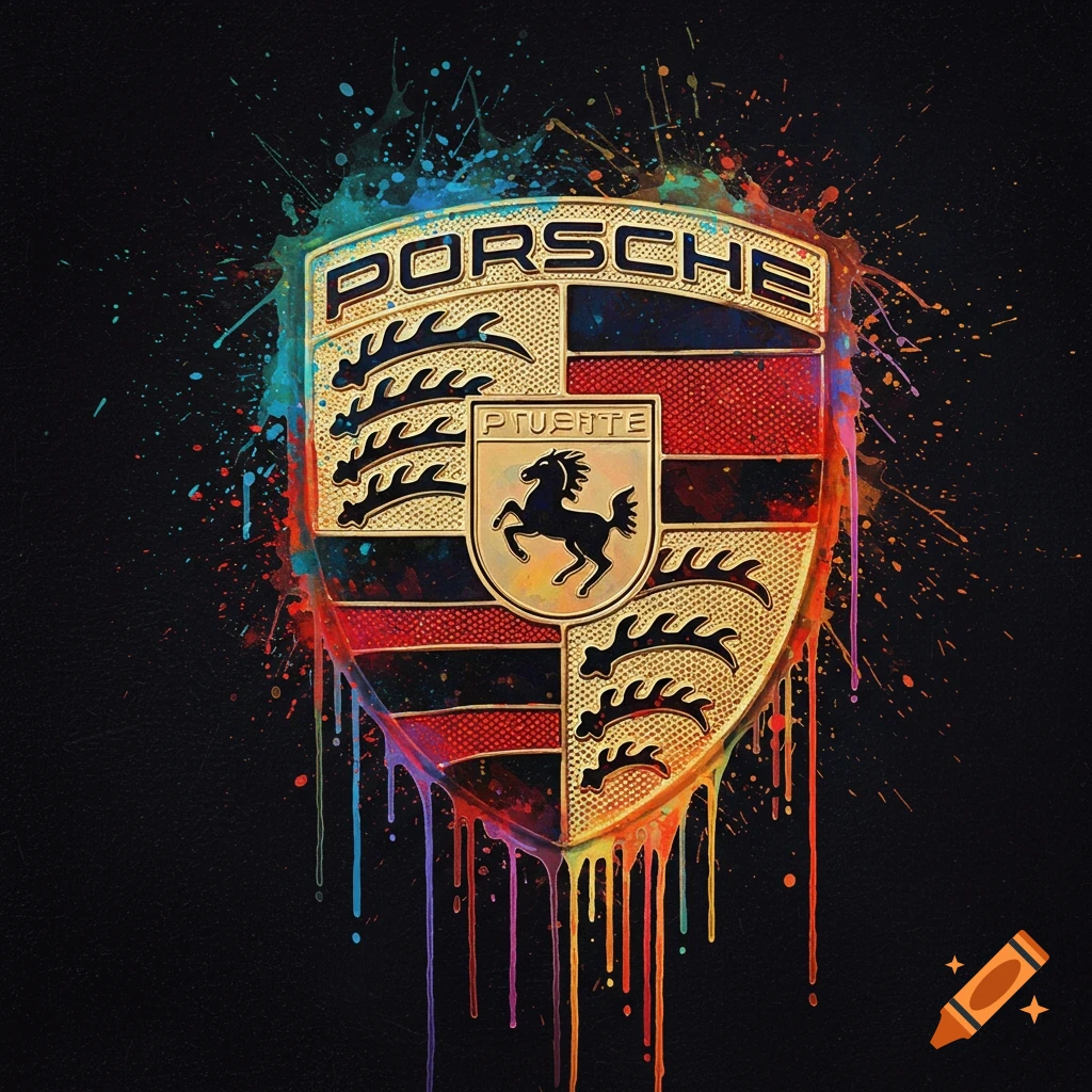 Stylized Porsche emblem with colorful paint drips on black background on Craiyon