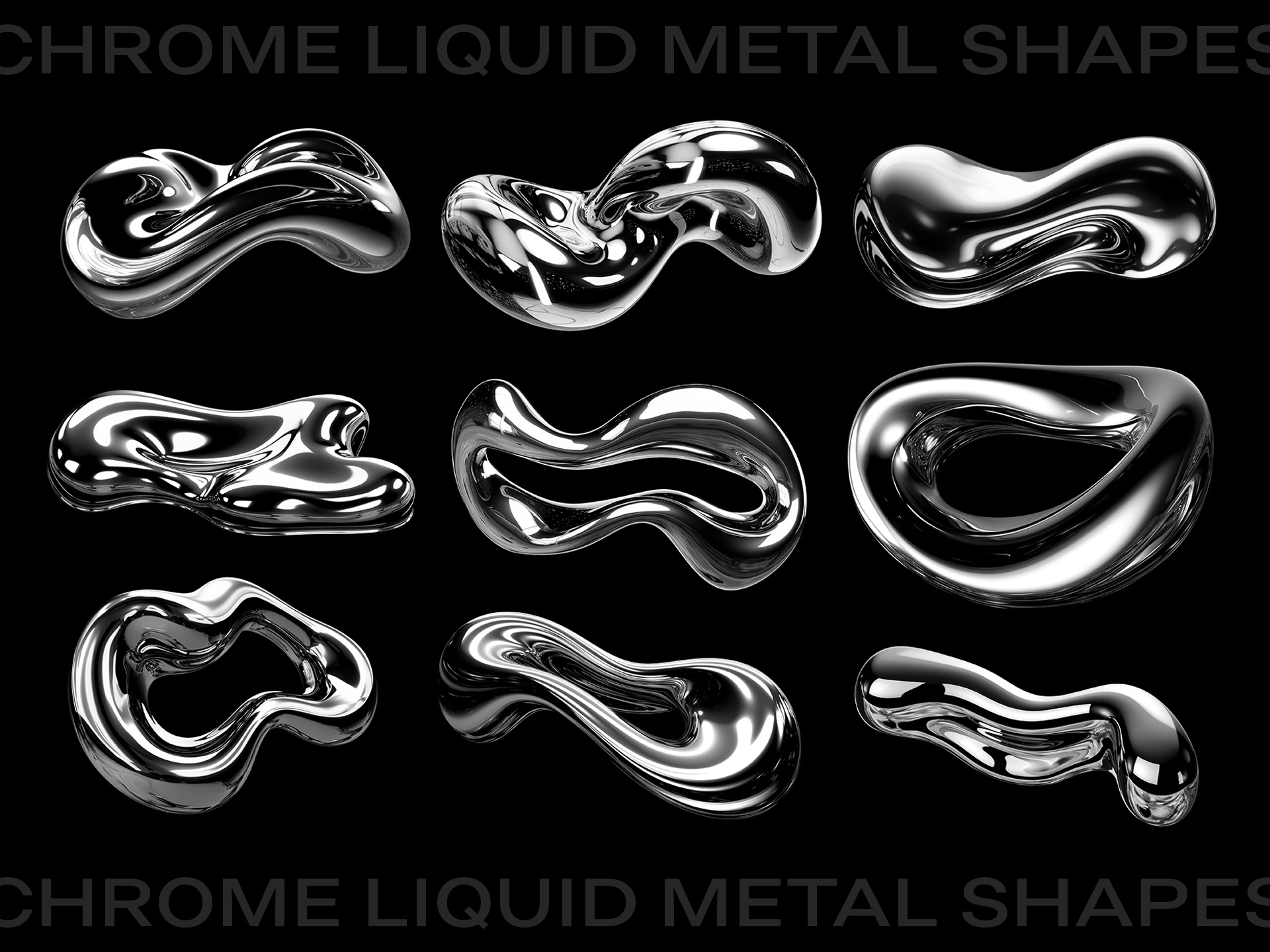 Abstract chrome liquid metal shapes