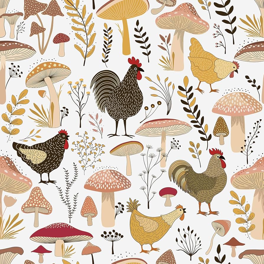 Livelynine Farm Wallpaper Peel and Stick Chicken Coop Flower Vinyl Wall Paper Farmhouse Floral Mushroom Cottage Core Pink Beige Vintage Rooster Contact Paper Waterproof Boho Colorful Animal 17.5x78.8