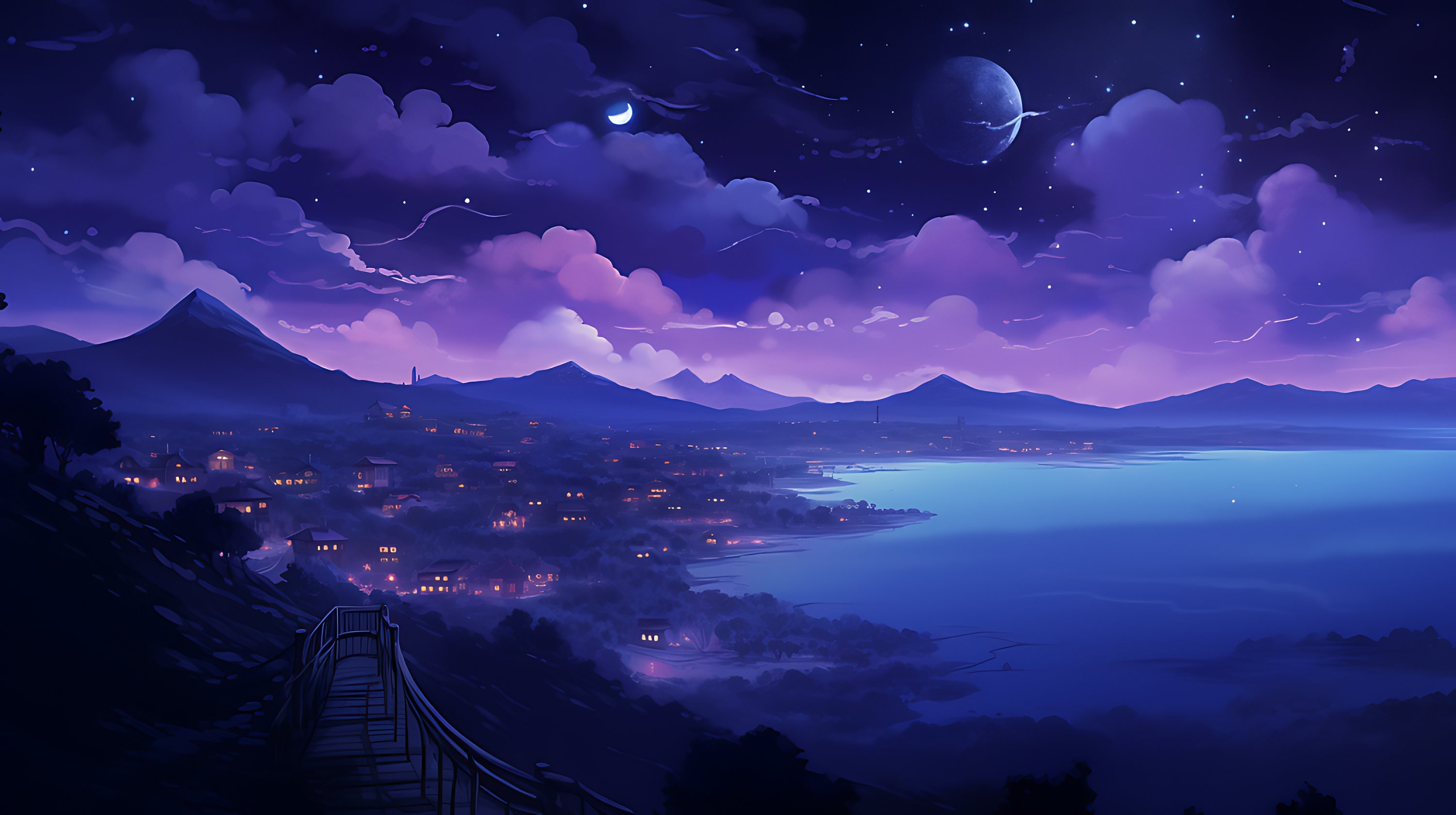 Eight Studio Ghibli Inspired Purple Night Desktop Wallpaper Bundle, Windows Wallpaper, AI Art Digital Download, Instant Download