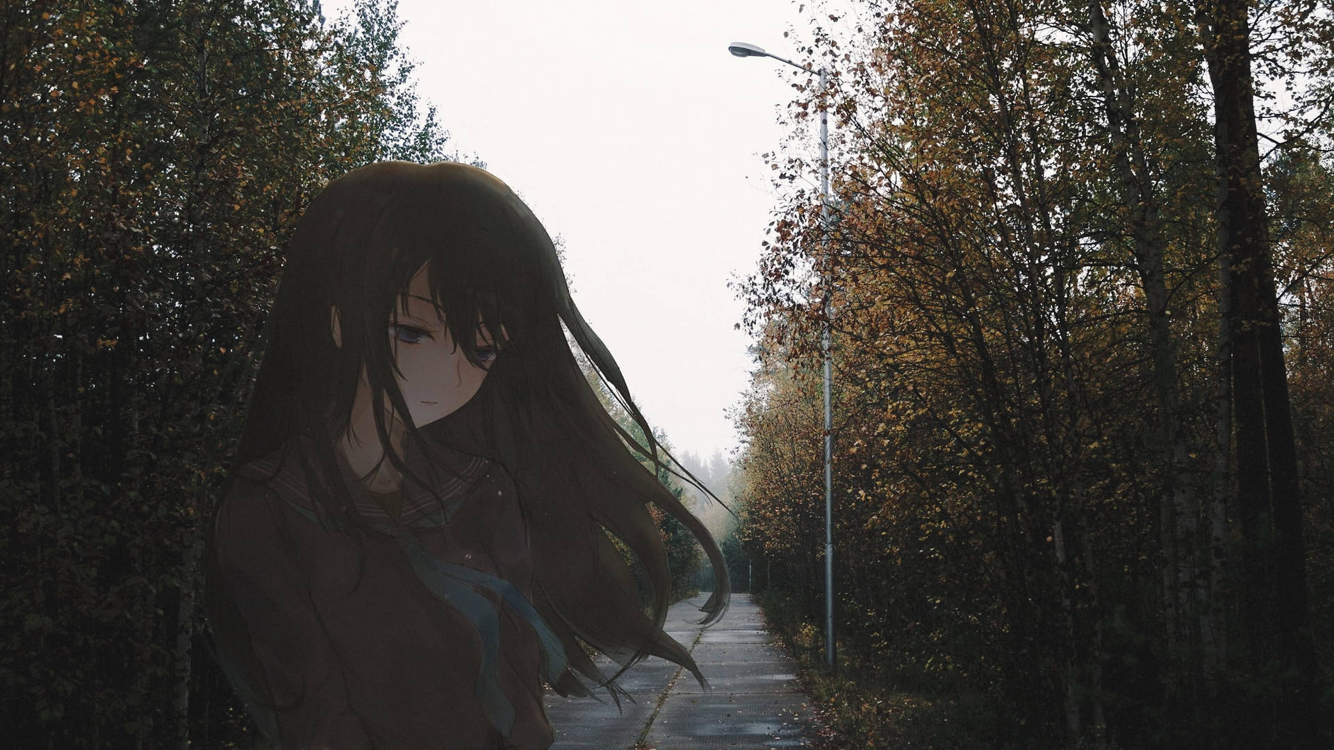 Download Sad Aesthetic Anime Girl In Forest Wallpaper