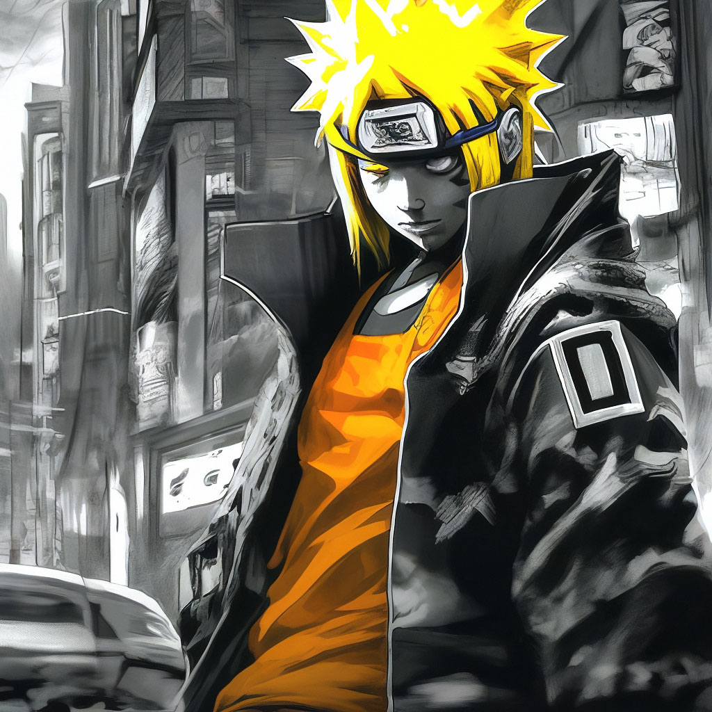 Naruto anime wallpaper, naruto wallpaper, in the style of cyberpunk dystopia, light yellow and dark orange