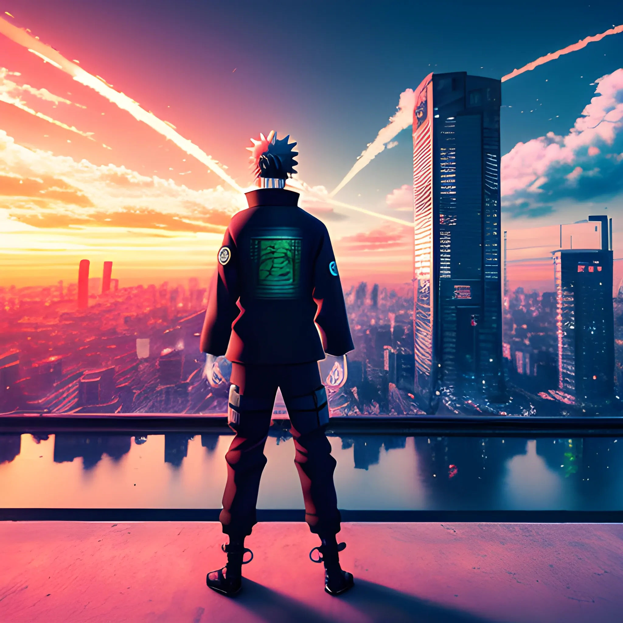 Naruto standing in front of a city, looking forward, hopeful look, full body cyberpunk art, hyper re