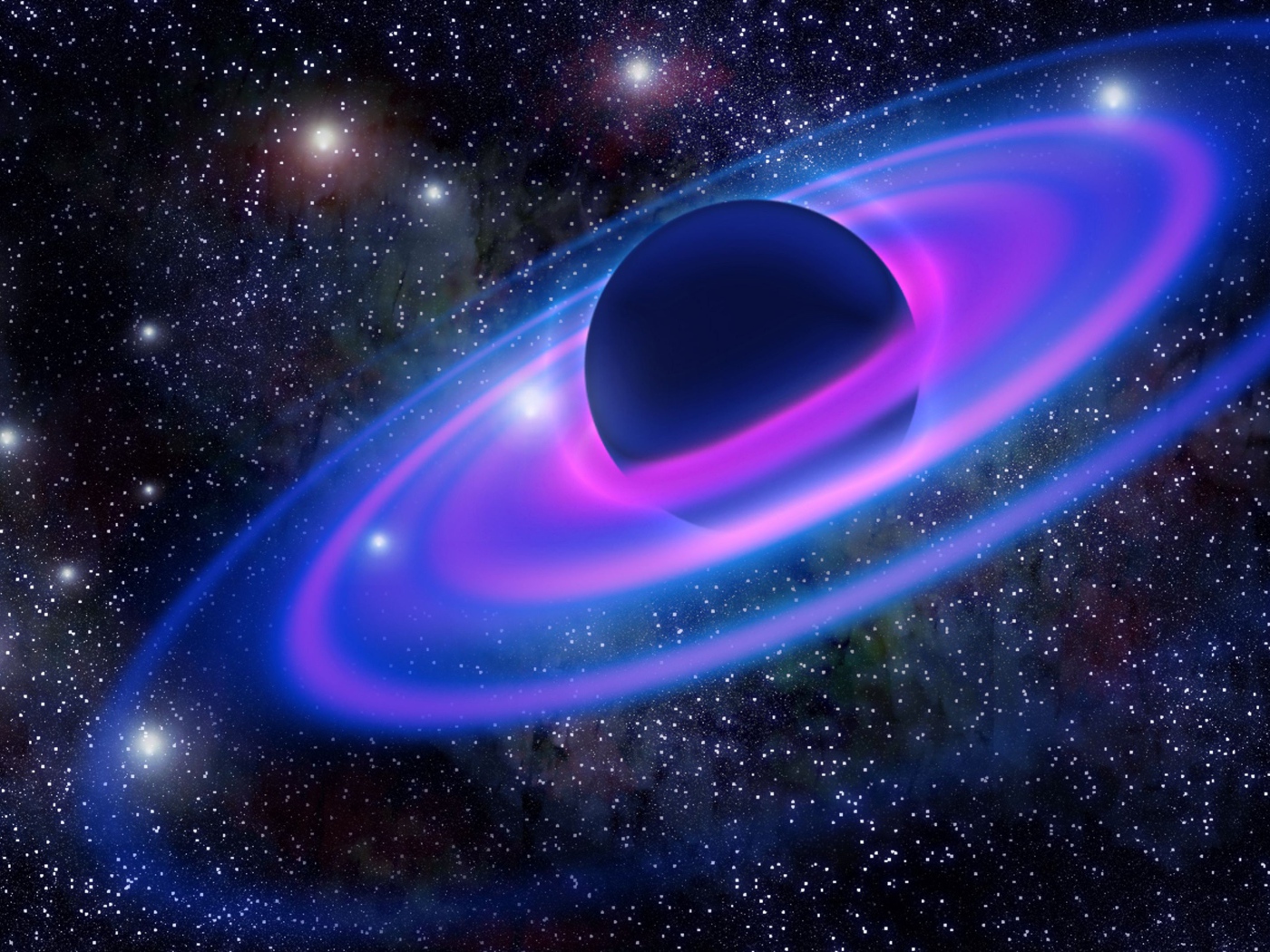 Big planet with neon rings in the starry sky. Desktop wallpaper 1400x1050