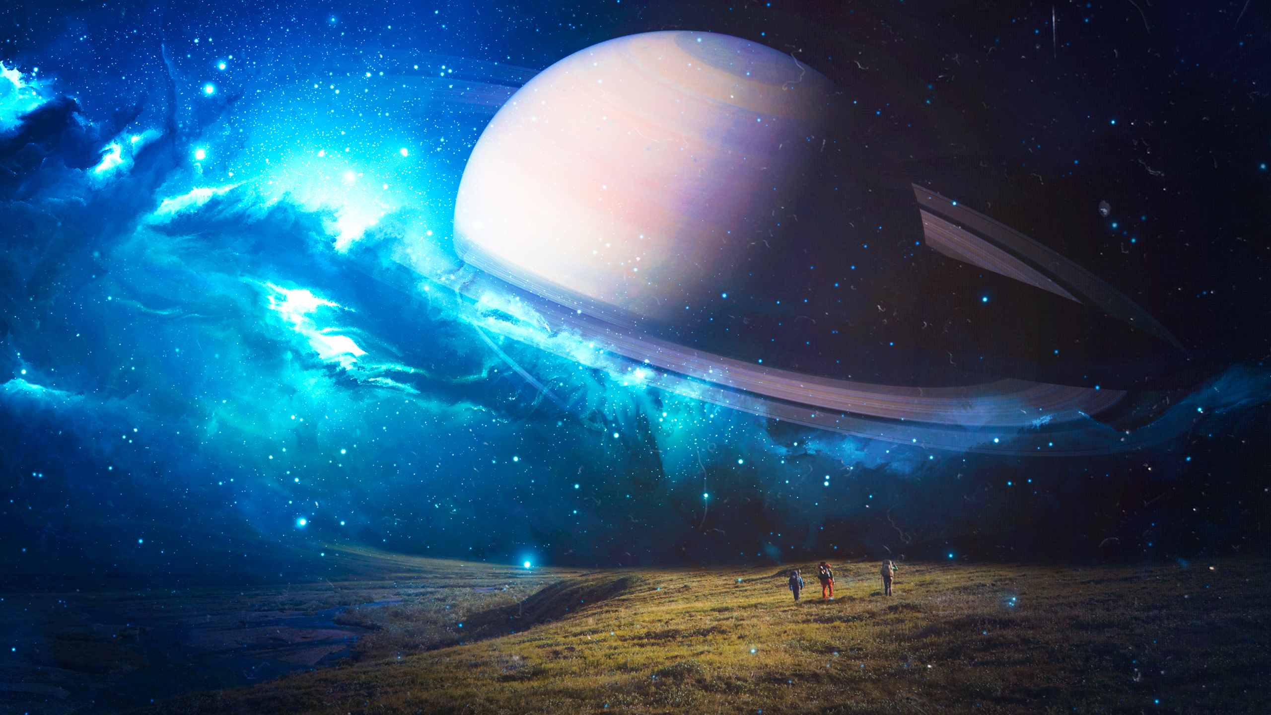 Saturn big planet in neon sky above the earth Desktop wallpaper 1680x1050
