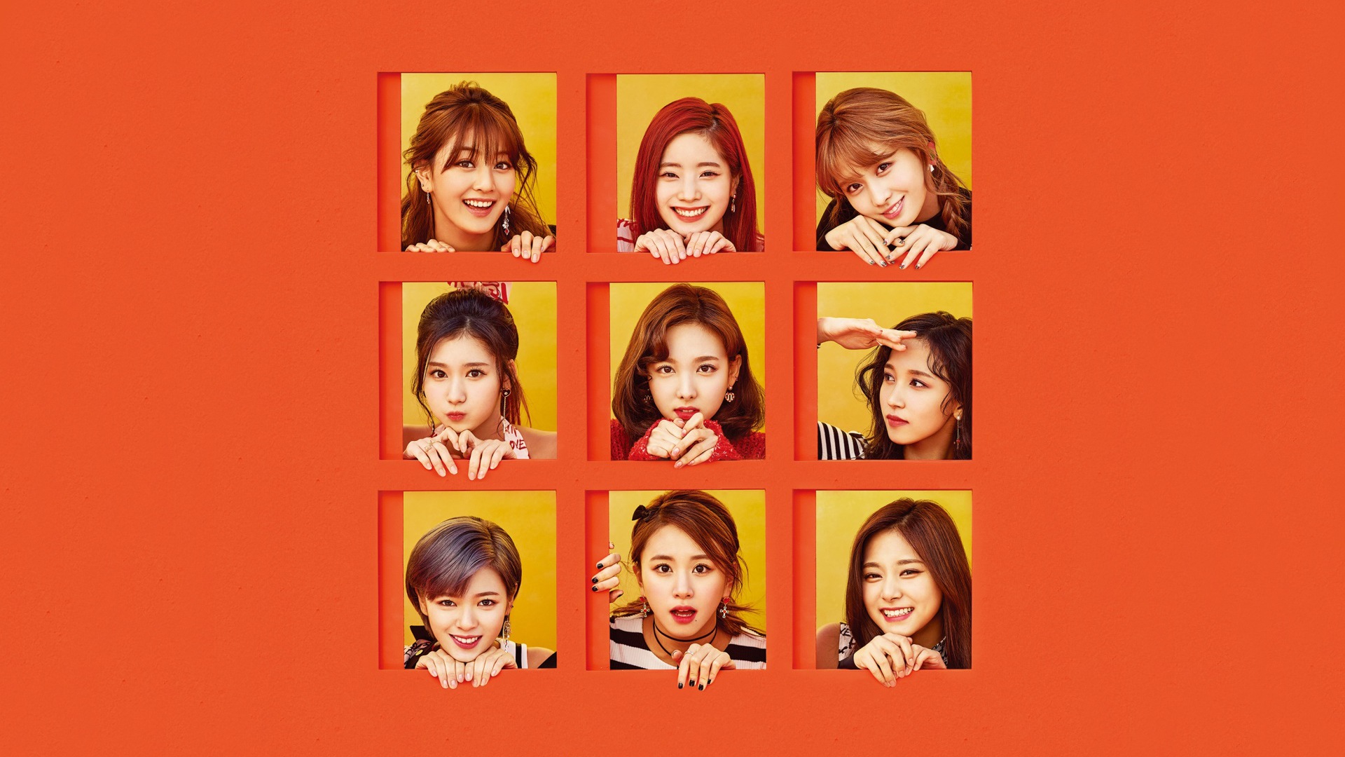 Twice, K pop, Collage, Smiling, Orange, Yellow, Red lipstick Wallpaper HD / Desktop and Mobile Background
