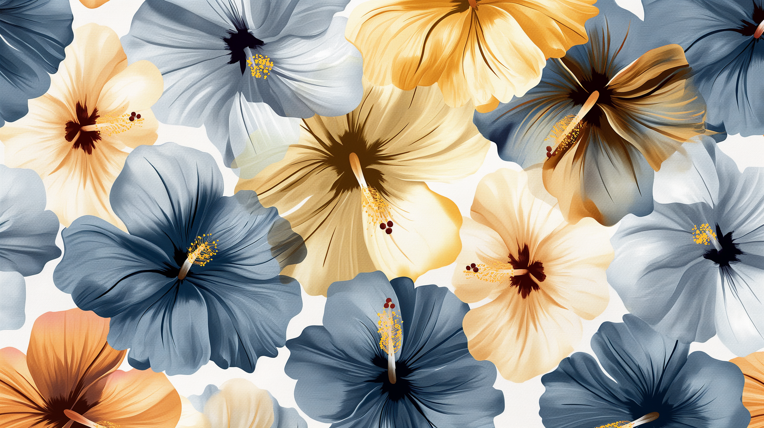 Mural Wallpaper hibiscus flowers. Vintage between blue gray and gold