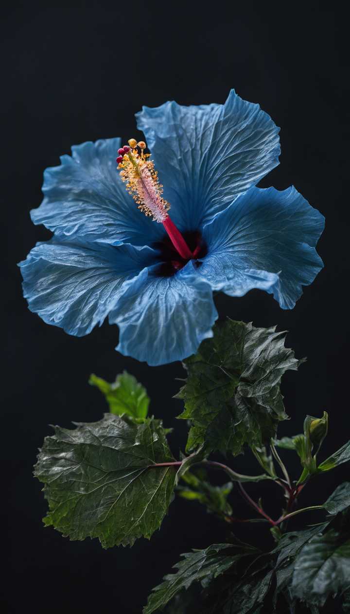 A delicate blue hibiscus flower against a striking black background. Wallpaper [98501f2e75314e1fb6f7]