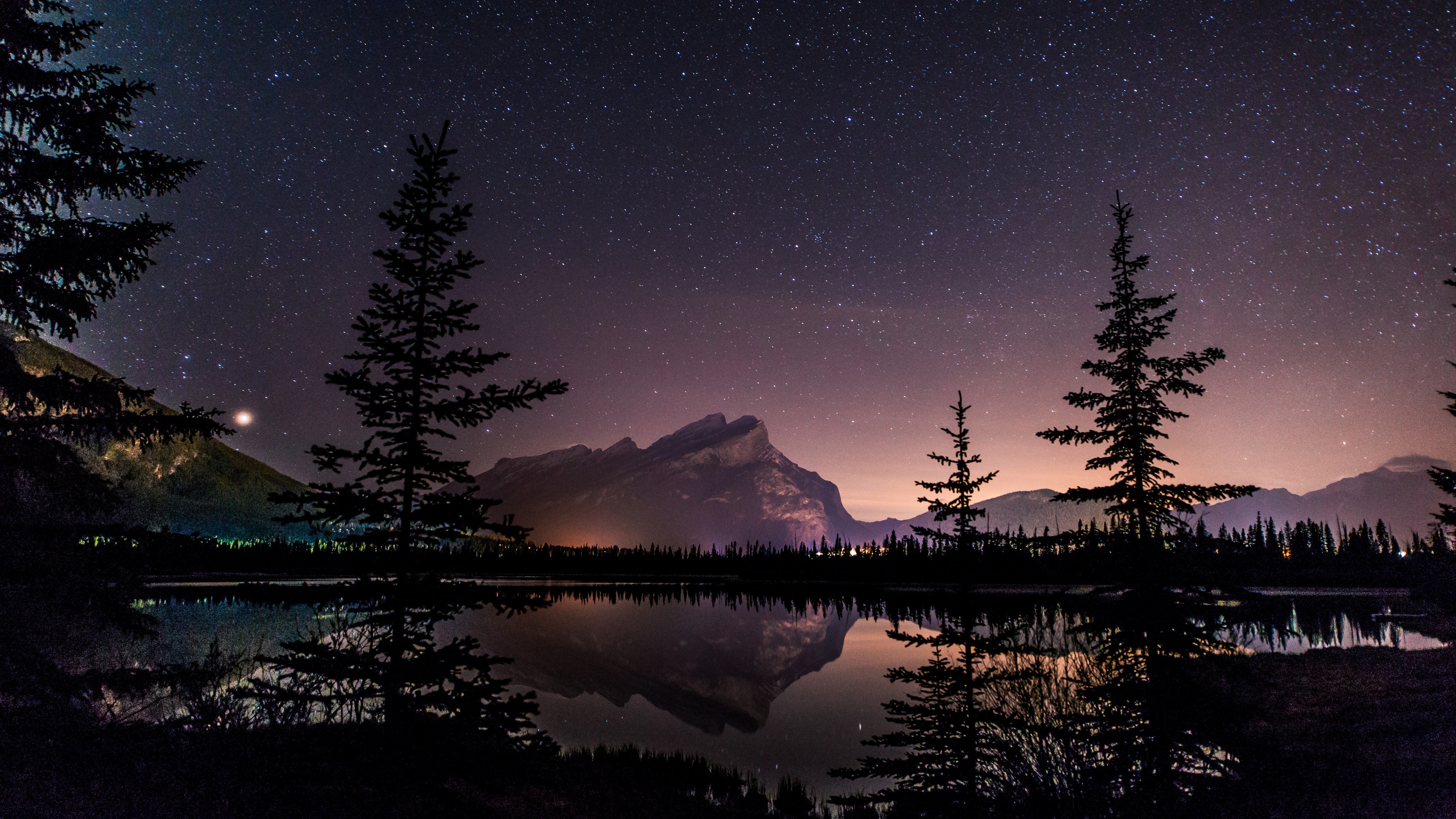 North America, Canada, Alberta, Banff National Park, Rundle, Sky, Stars, Night, Space, Landscape, Lake, Reflection Wallpaper HD / Desktop and Mobile Background