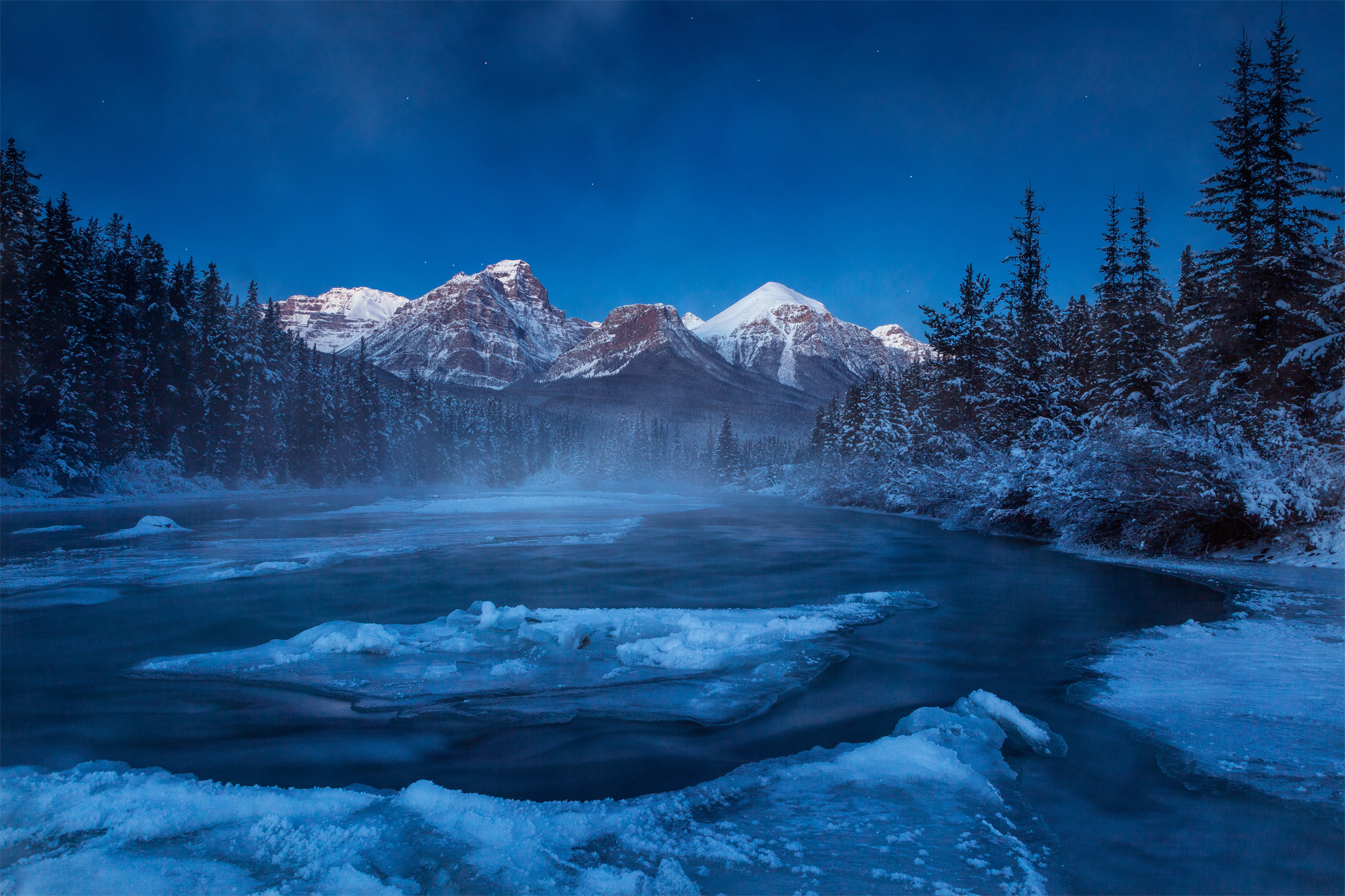 Wallpaper ice, winter, forest, snow, mountains, night, river, Canada for mobile and desktop, section природа, resolution 1920x1280