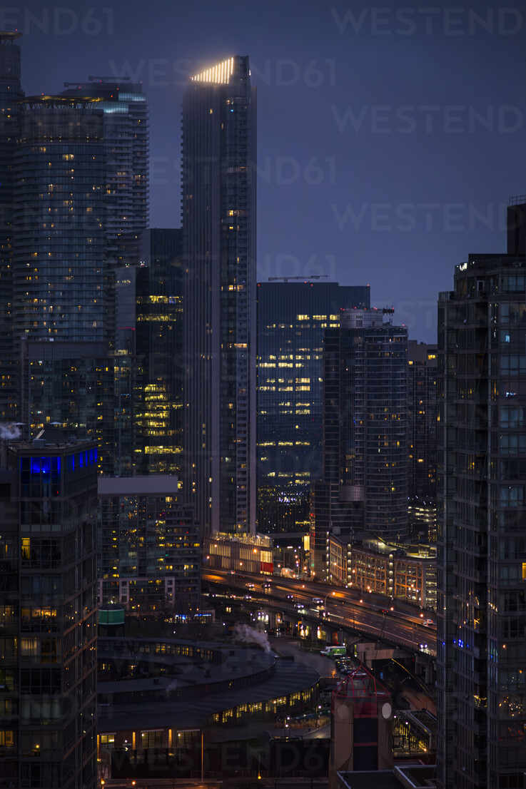 Canada, Ontario, Toronto, Aerial view of downtown skyscrapers at night