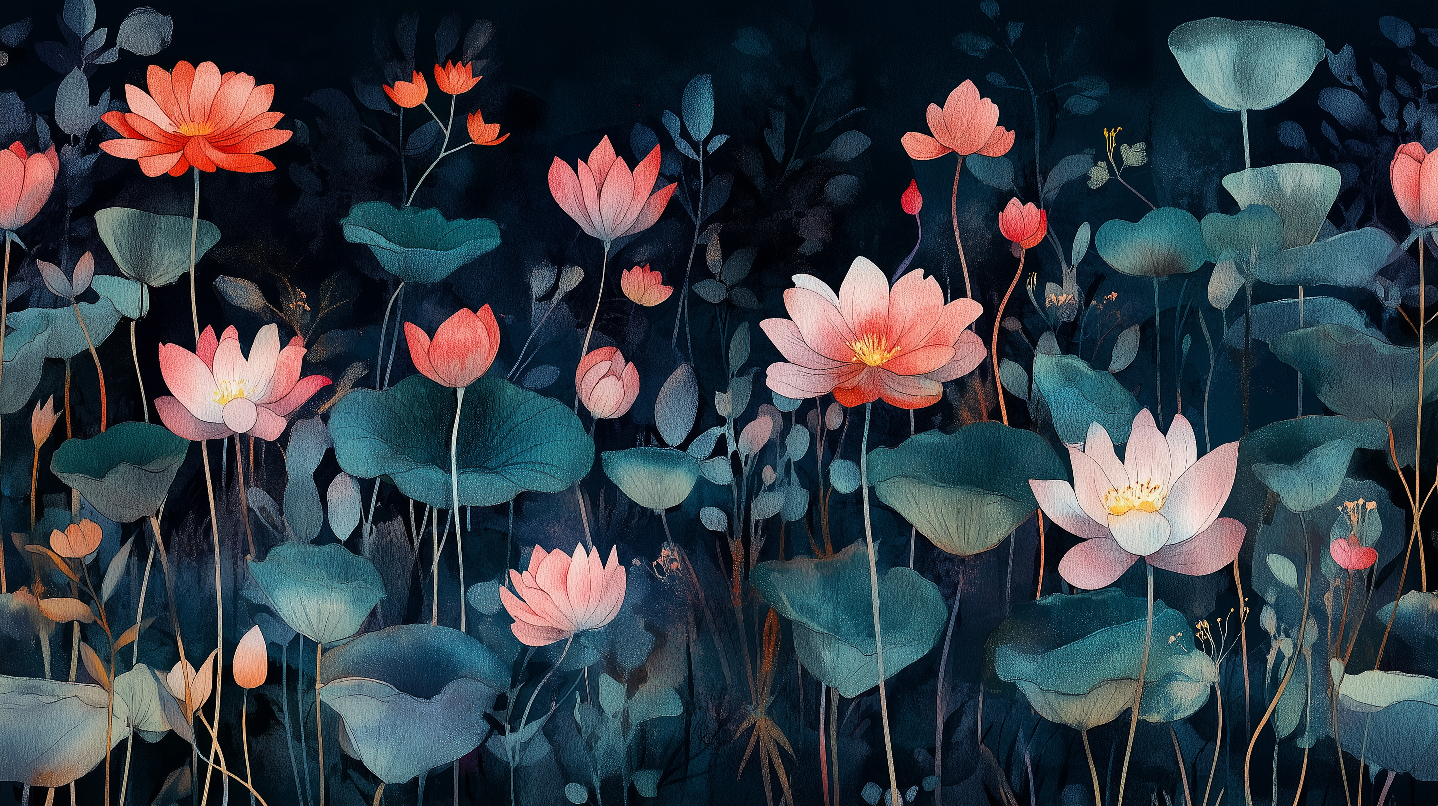 Dark Lotus Flowers Mural, Accent Botanical Wallpaper, Peel and Stick Dark Blue and Pink Floral Wall Decor