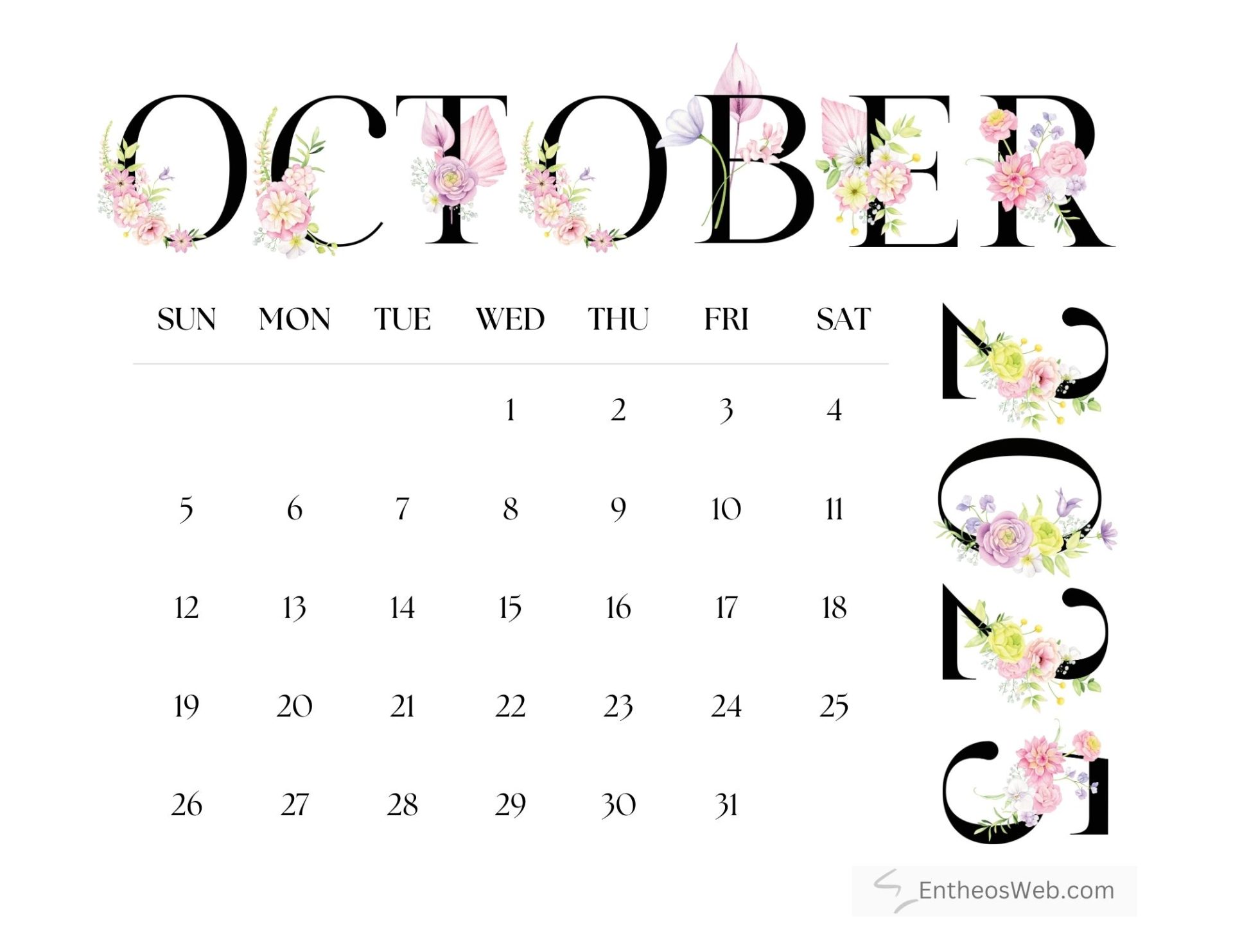 October Calendar 2025 Free Printable