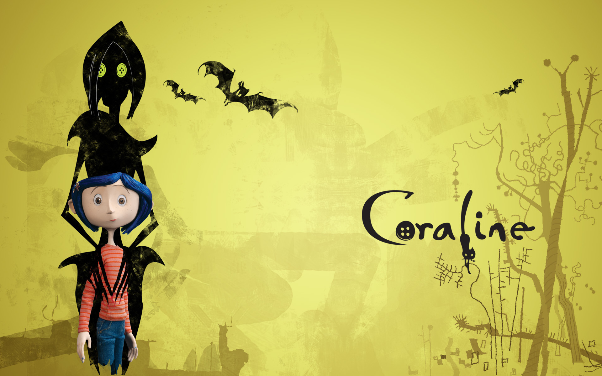 Wallpaper cat, the inscription, cartoon, girl, witch, scary story, Coraline, Coraline for mobile and desktop, section фильмы, resolution 1920x1200