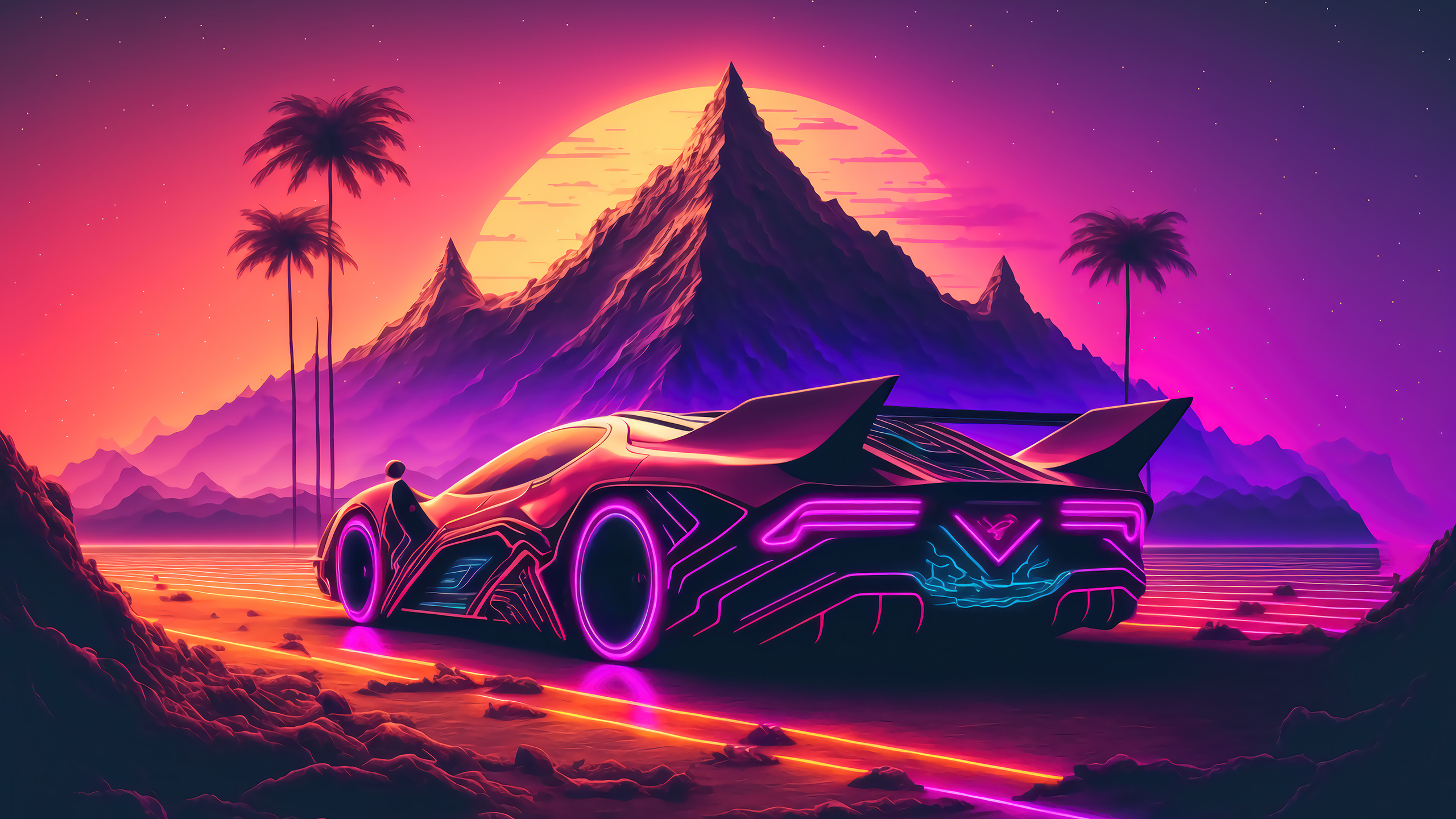 Sports Car In A Futuristic Mountain Sunset 2K Wallpaper x 1440 pxK