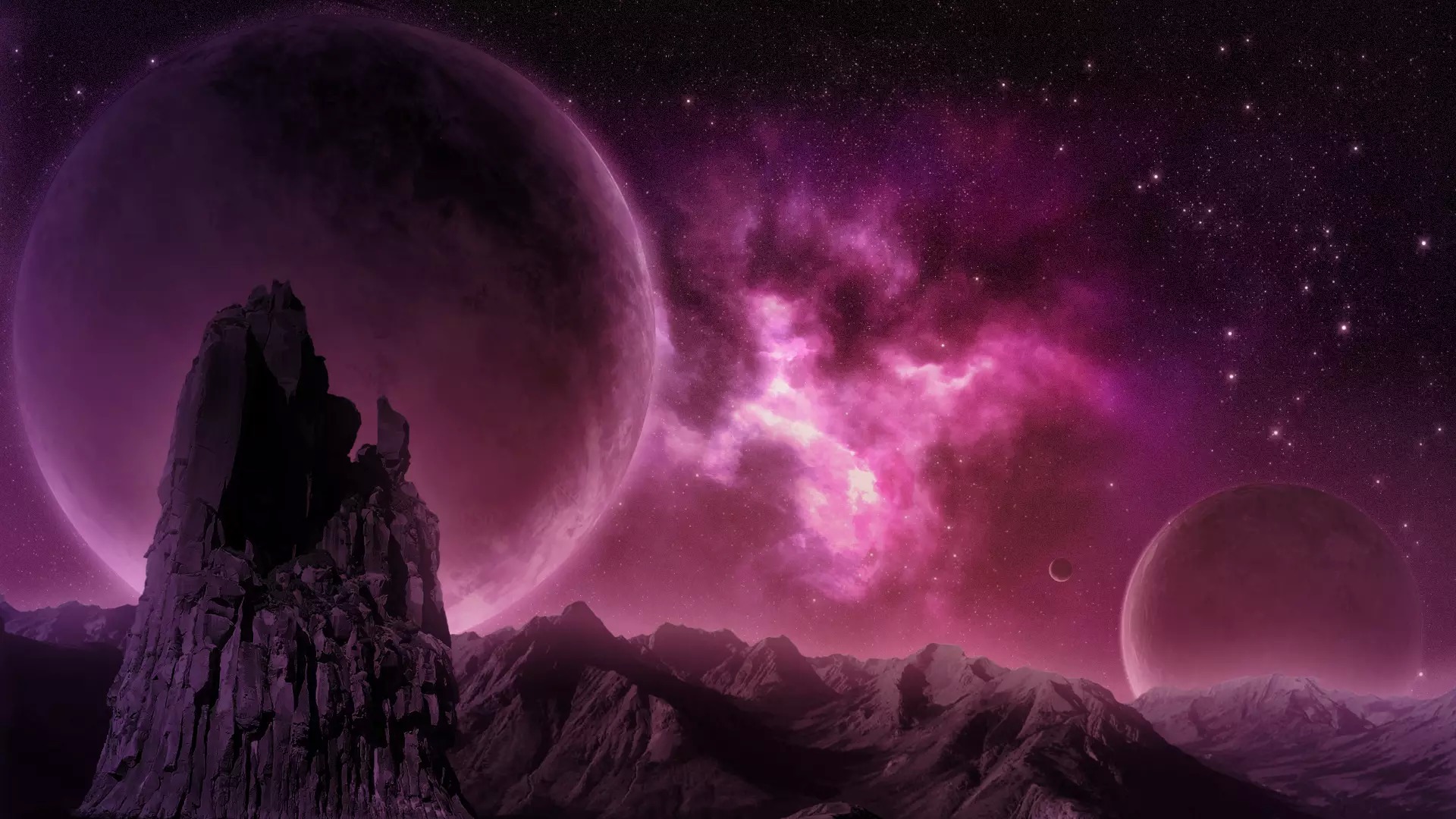 Wallpaper mountains, nebula, rocks, planet, nebula, pink, planet for mobile and desktop, section космос, resolution 1920x1080