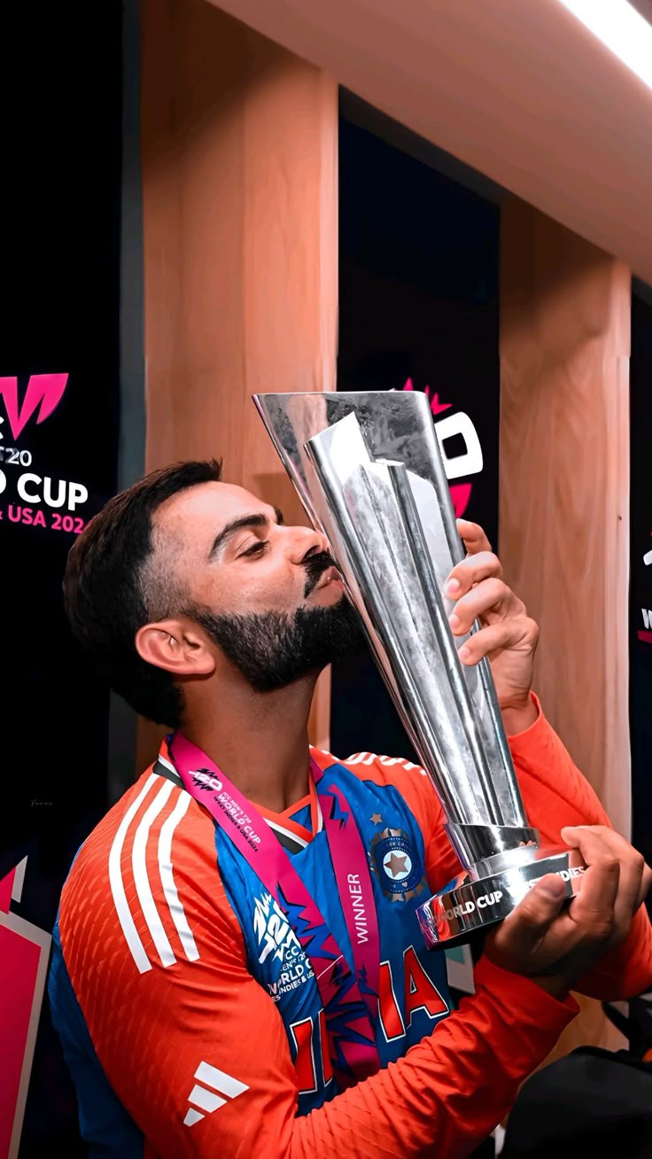 Virat Kohli Wallpaper With T20 World Cup Trophy 2024